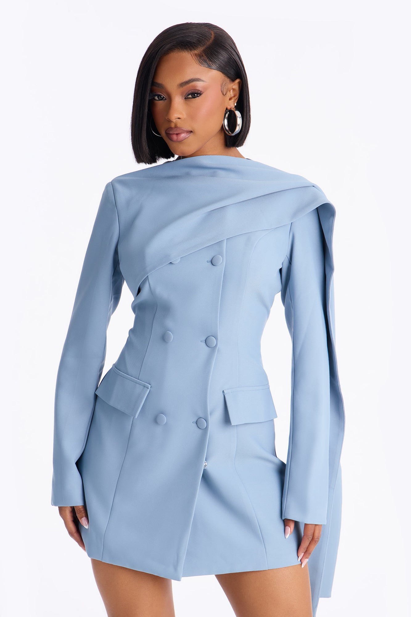 Run The World Long Sleeve Blazer Mini Dress - Dusty Blue