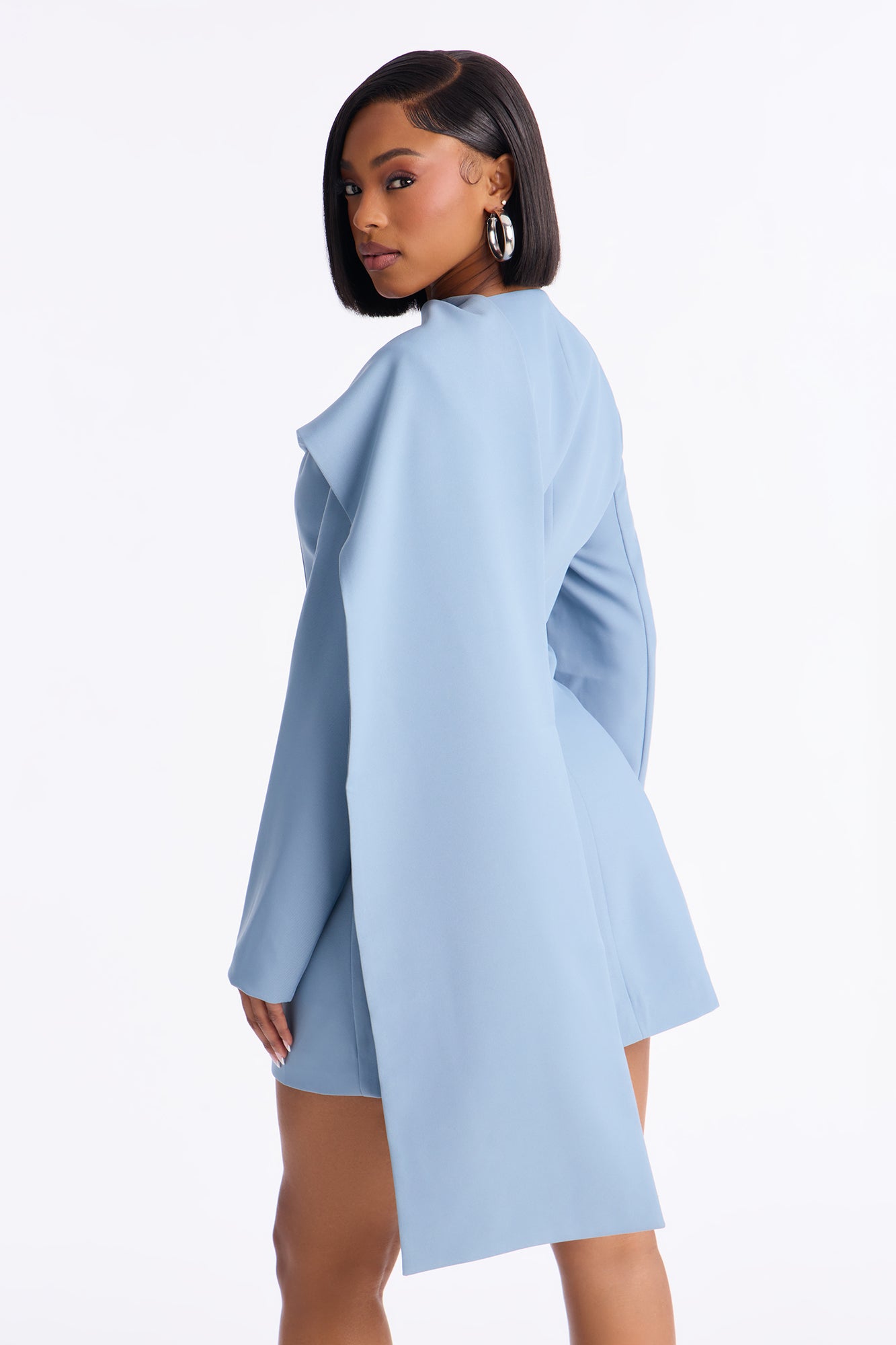 Run The World Long Sleeve Blazer Mini Dress - Dusty Blue