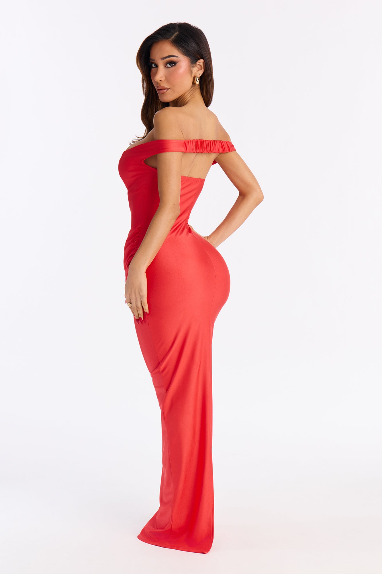 Amelya Off Shoulder Tricot Gown - Tomato Red