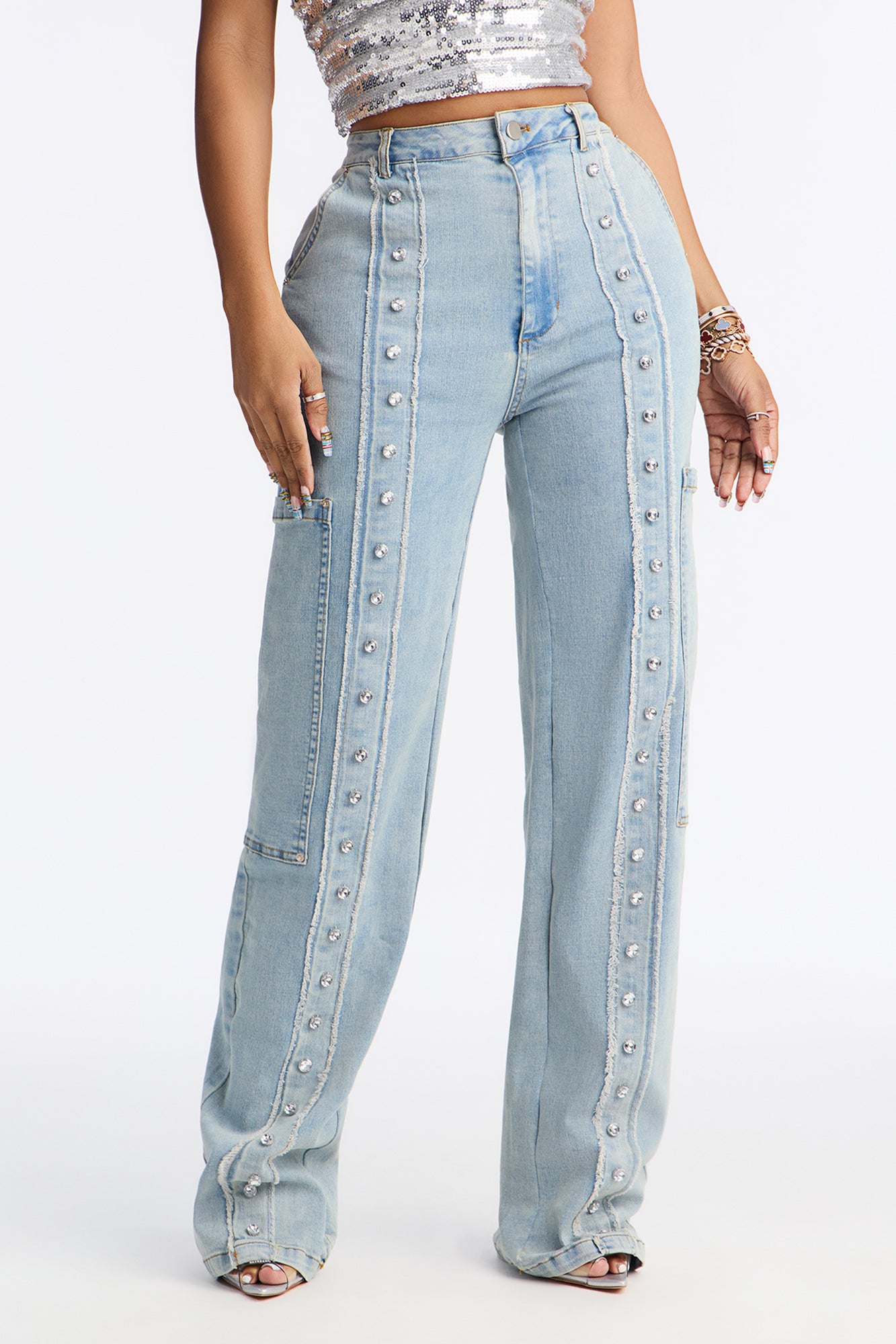 Sparkle For You Embellished Straight Leg Jeans - Light Wash