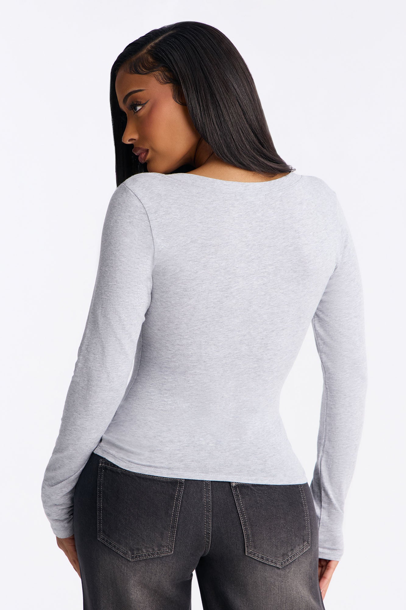 Jasmine V Neck Everyday Long Sleeve Top - Heather Grey