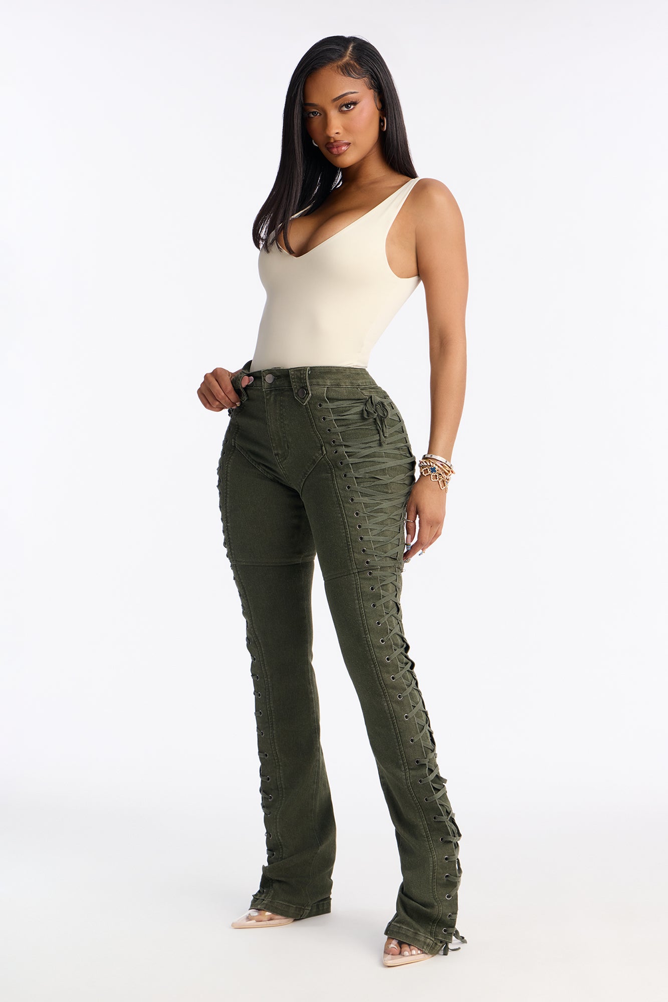 Tall After Hours Lace Up Flare Pant 36″ - Olive
