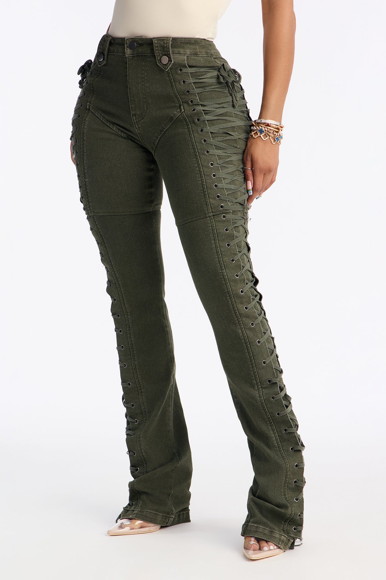 Tall After Hours Lace Up Flare Pant 36″ - Olive