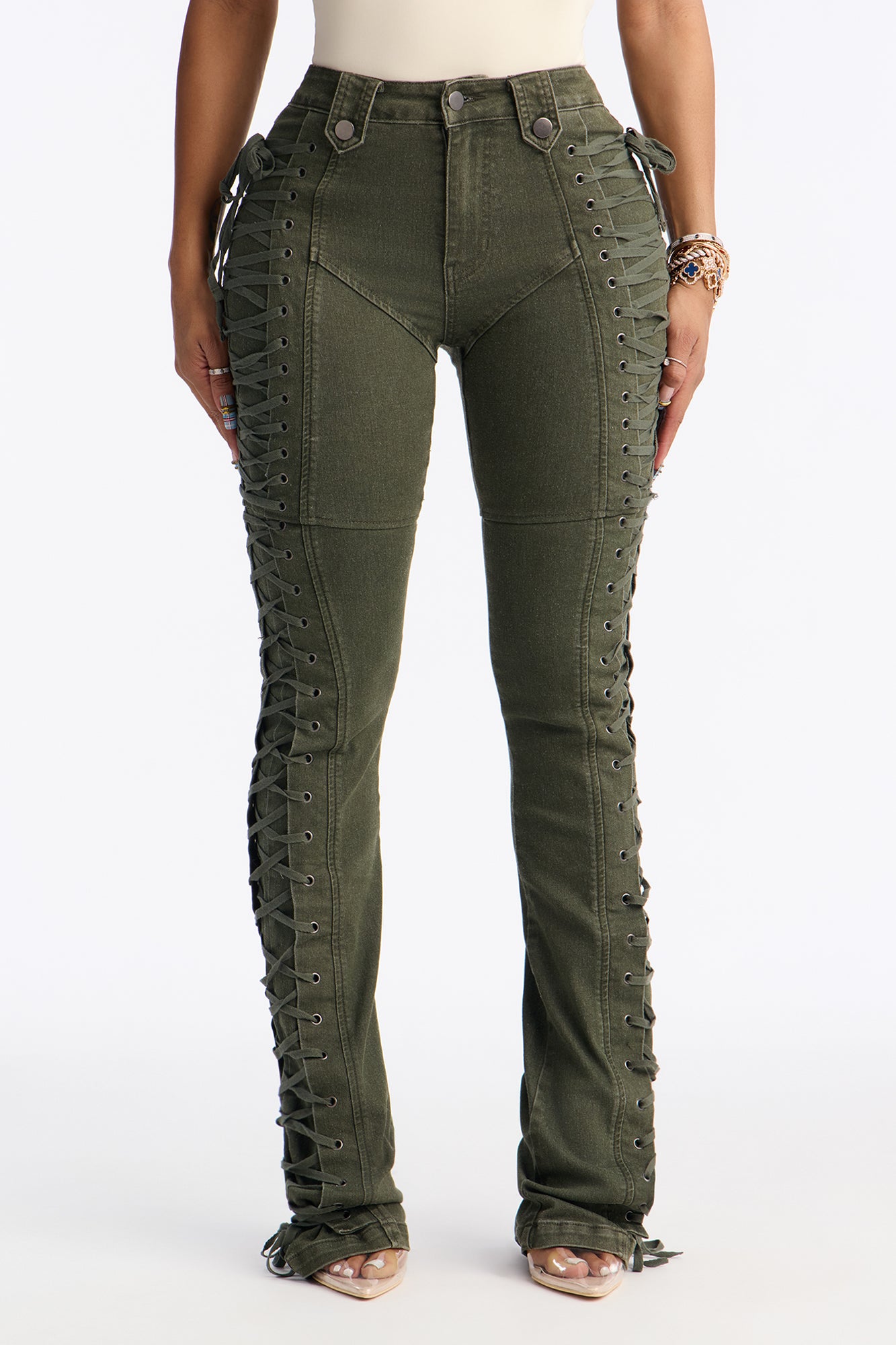 Tall After Hours Lace Up Flare Pant 36″ - Olive