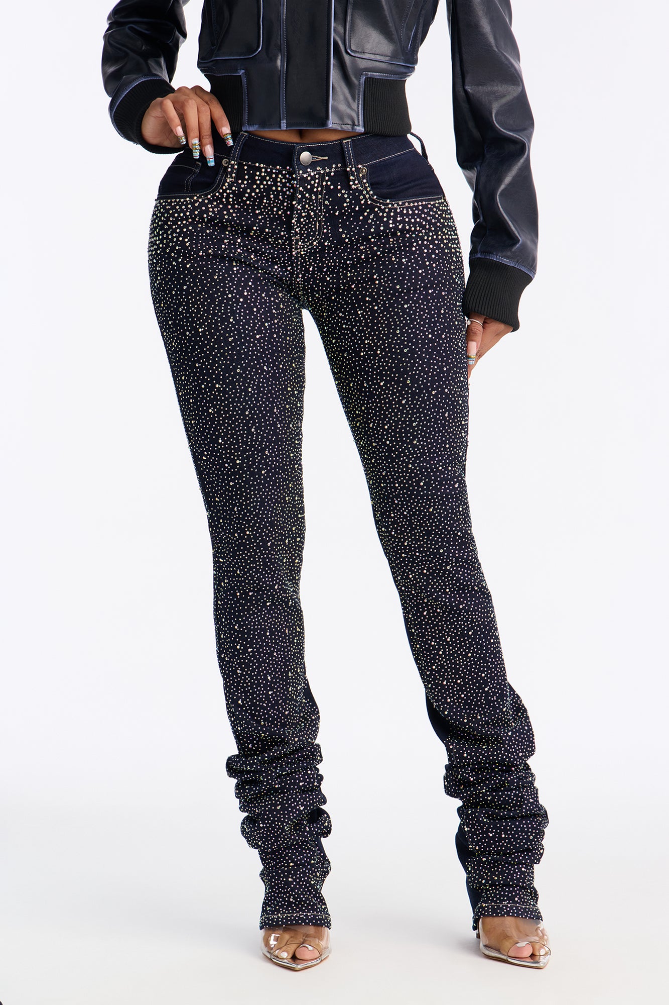 Call Me Extra Embellished Stacked Straight Leg Jeans - Dark Denim