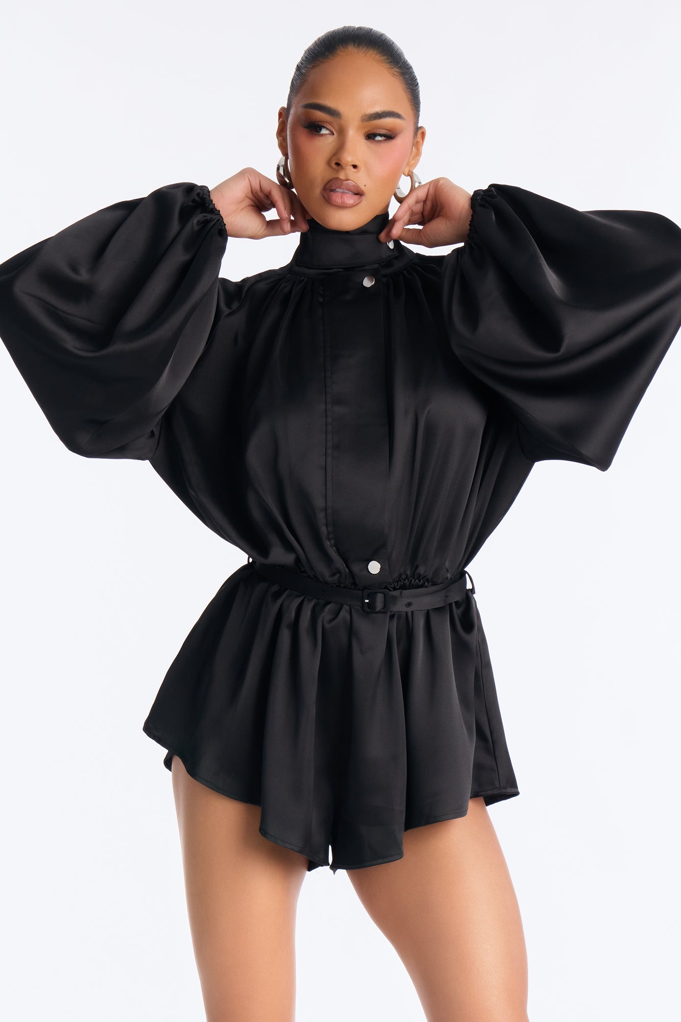 Sia Satin Collar Romper - Black