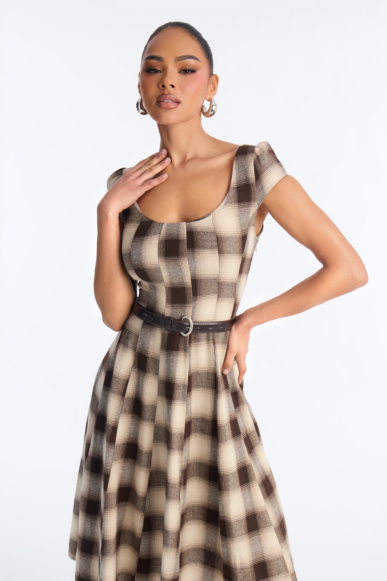 Alaina Belted Plaid Midi Dress - Brown