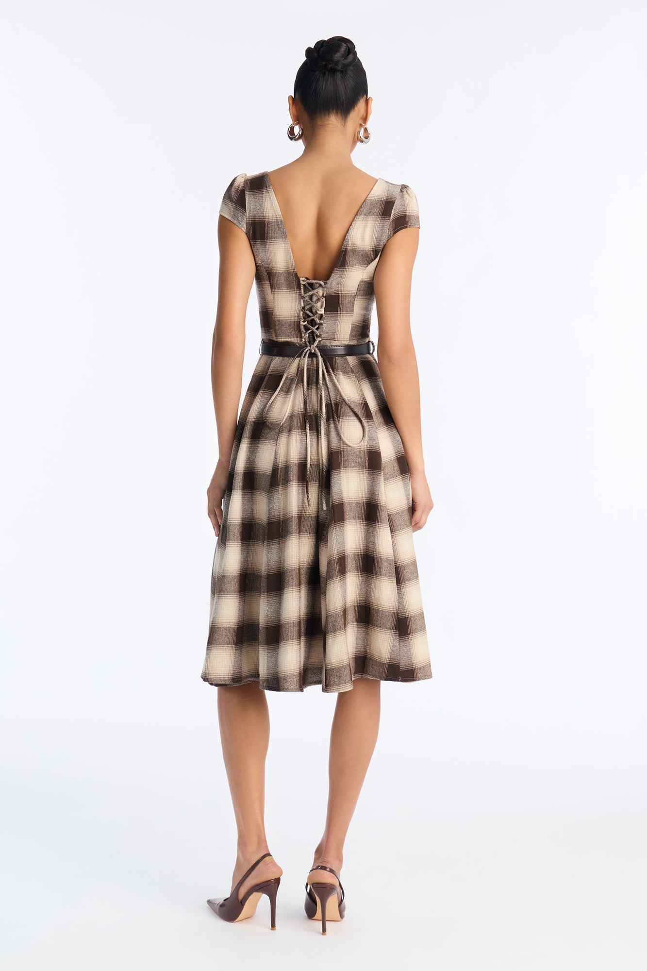 Alaina Belted Plaid Midi Dress - Brown