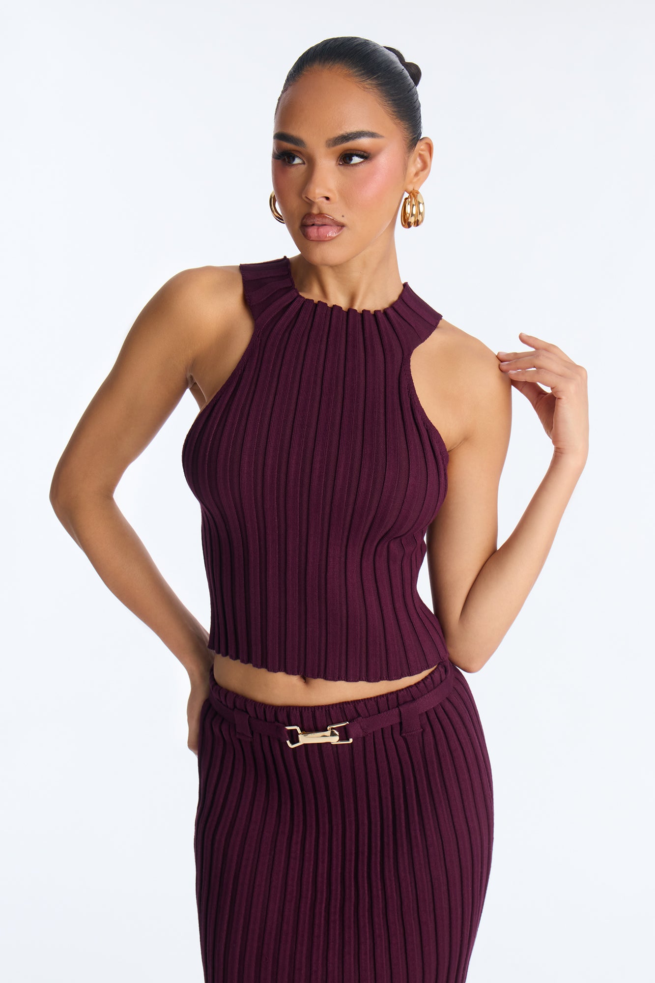 First Date Fine Gauge Sweater Midi Skirt Set - Wine