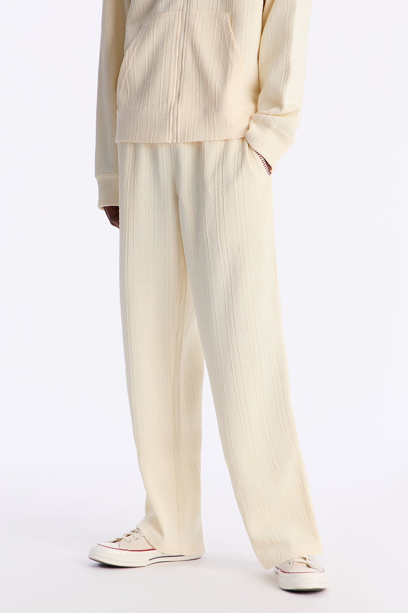 Straight Cable Knit Textured Stitched Pant - Cream