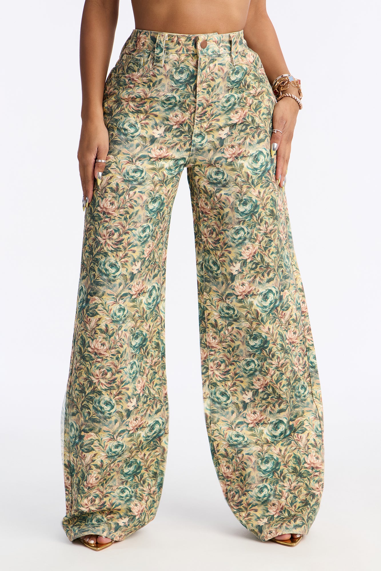 Tea For Two Floral Print Wide Leg Jeans - Cream/combo