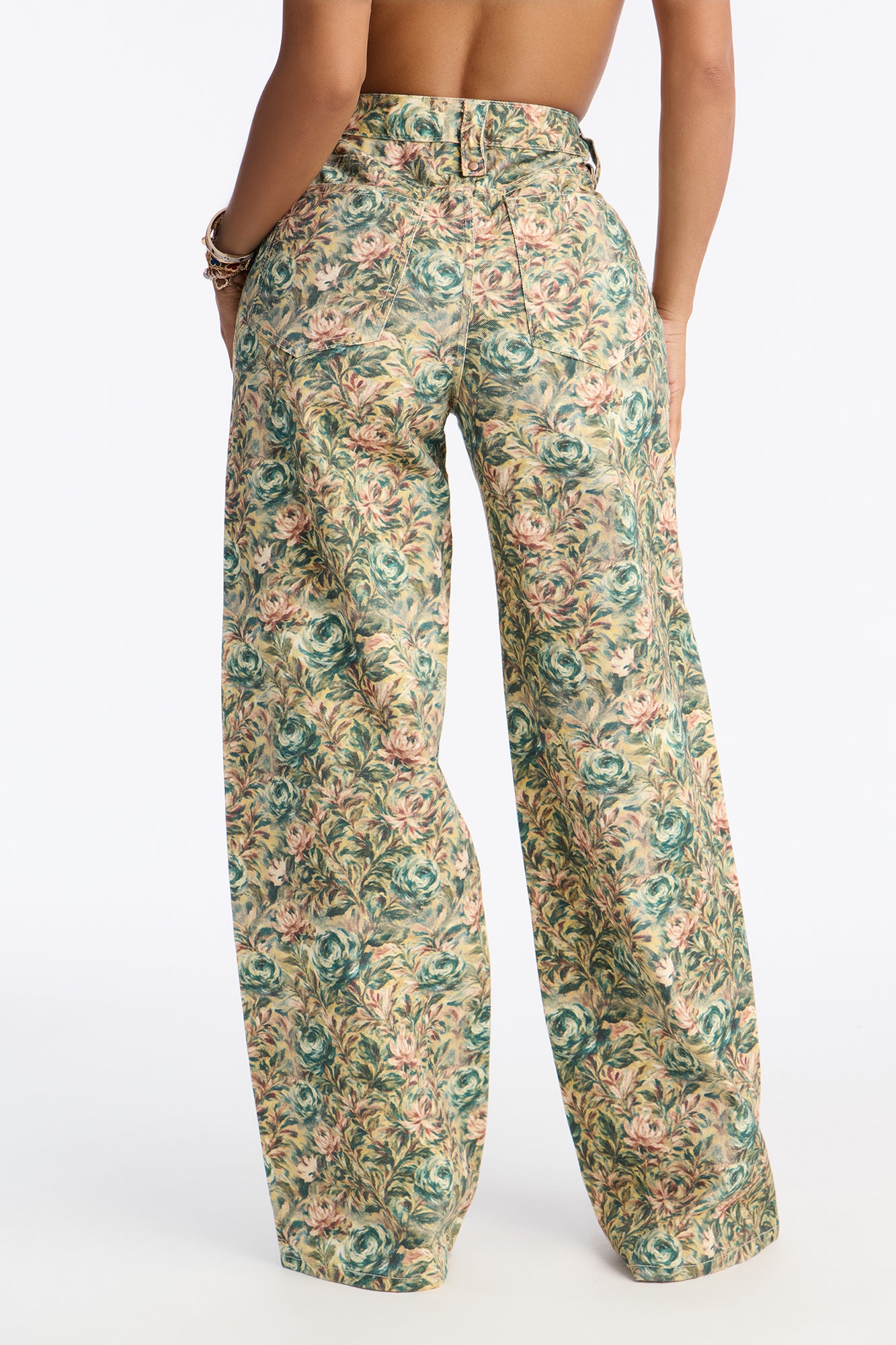 Tea For Two Floral Print Wide Leg Jeans - Cream/combo