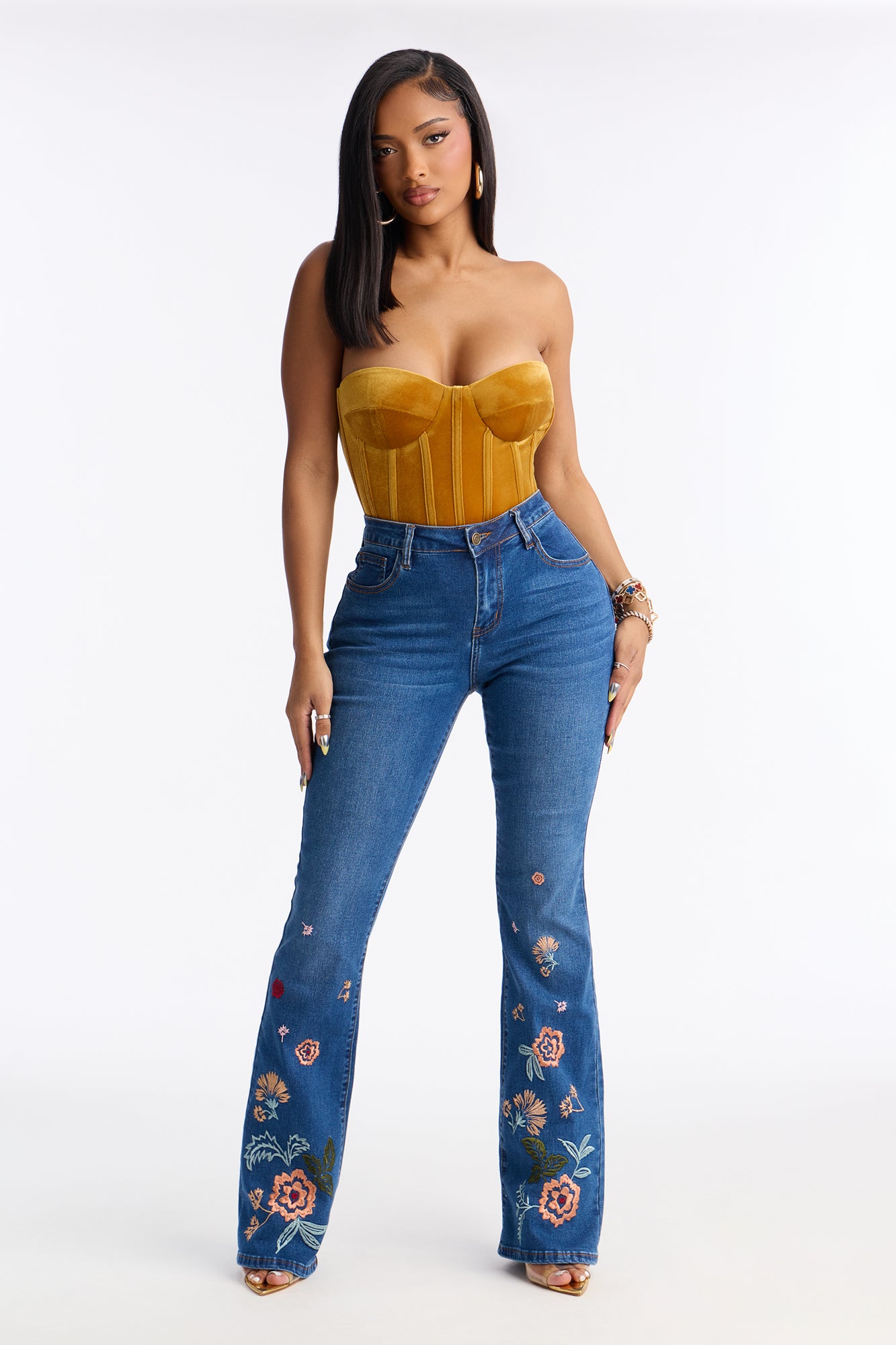 Bloom For Me Embroidered Flare Jeans - Medium Wash