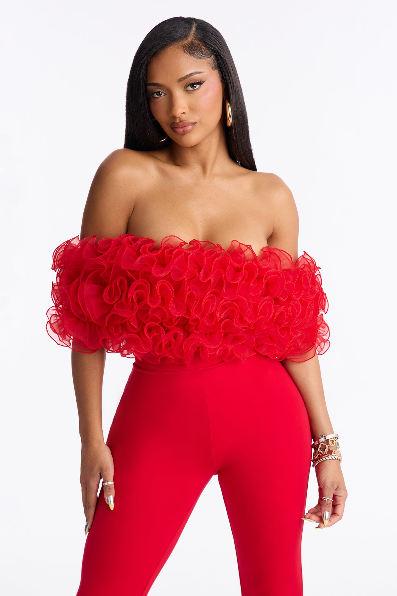 Ruby Ruffle Flare Pant Set - Red