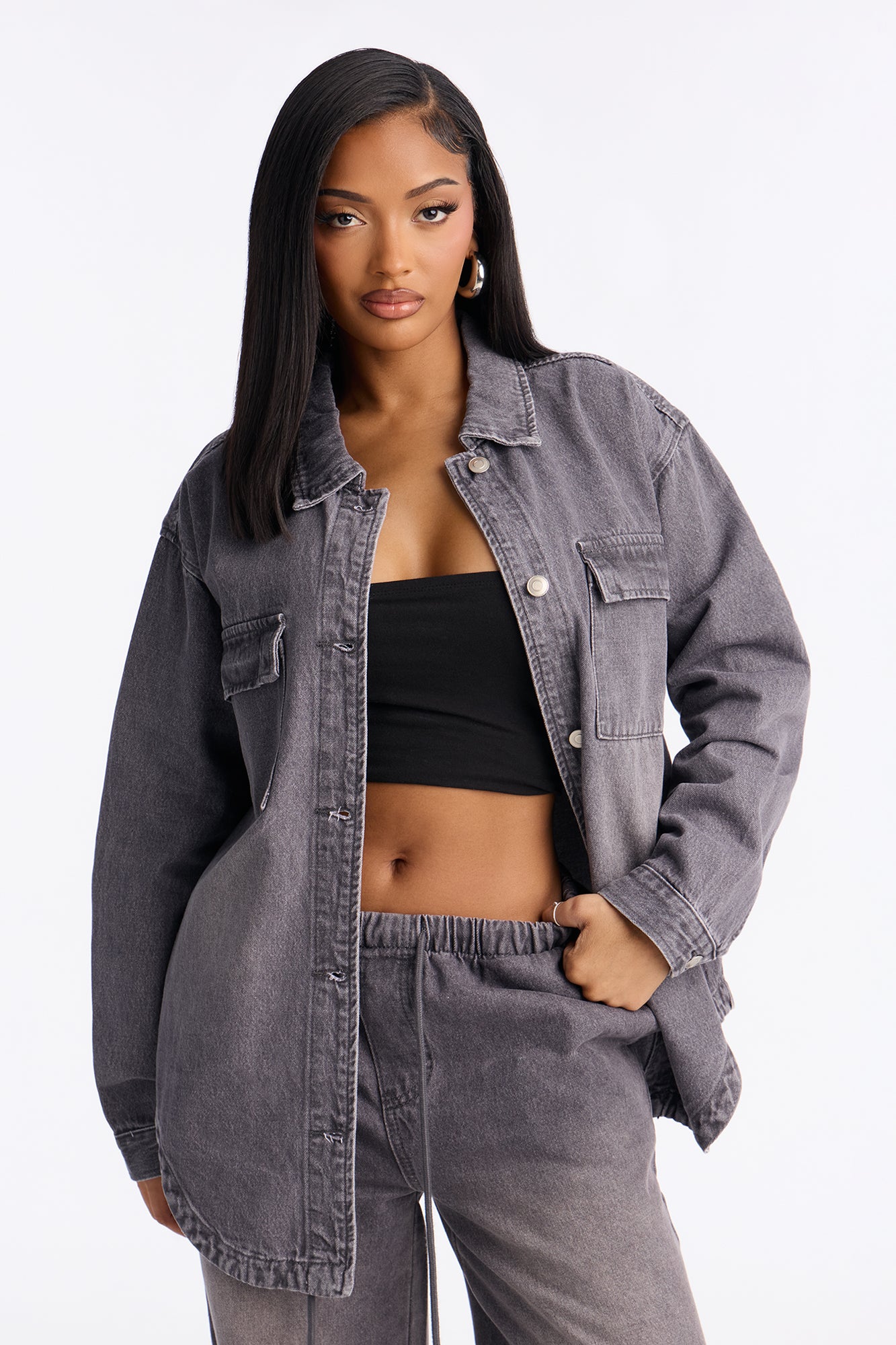Most Unfettered Denim Shacket - Grey
