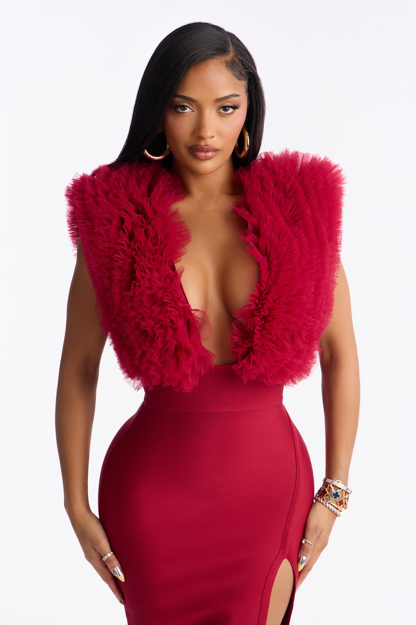 Saidee Bandage Fluff Midi Dress - Wine