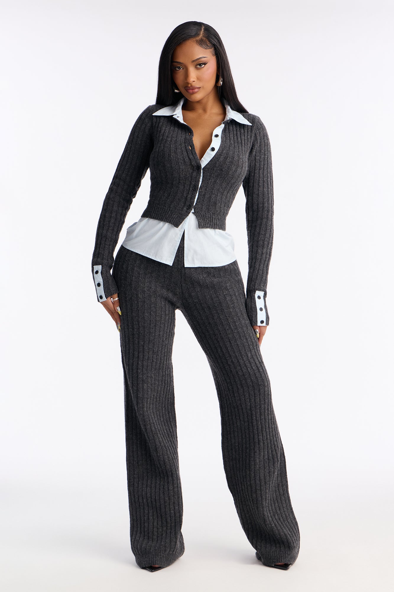 Lazy Monday Collar Sweater Wide Leg Pant Set - Charcoal