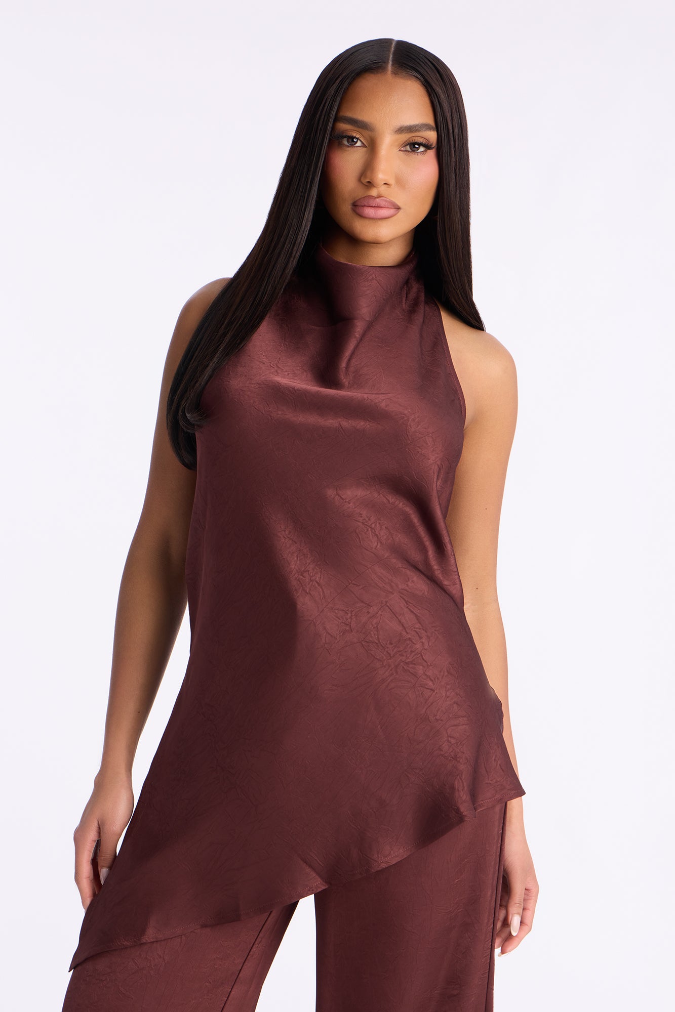 Claire Satin Cowl Neck Pant Set - Chocolate