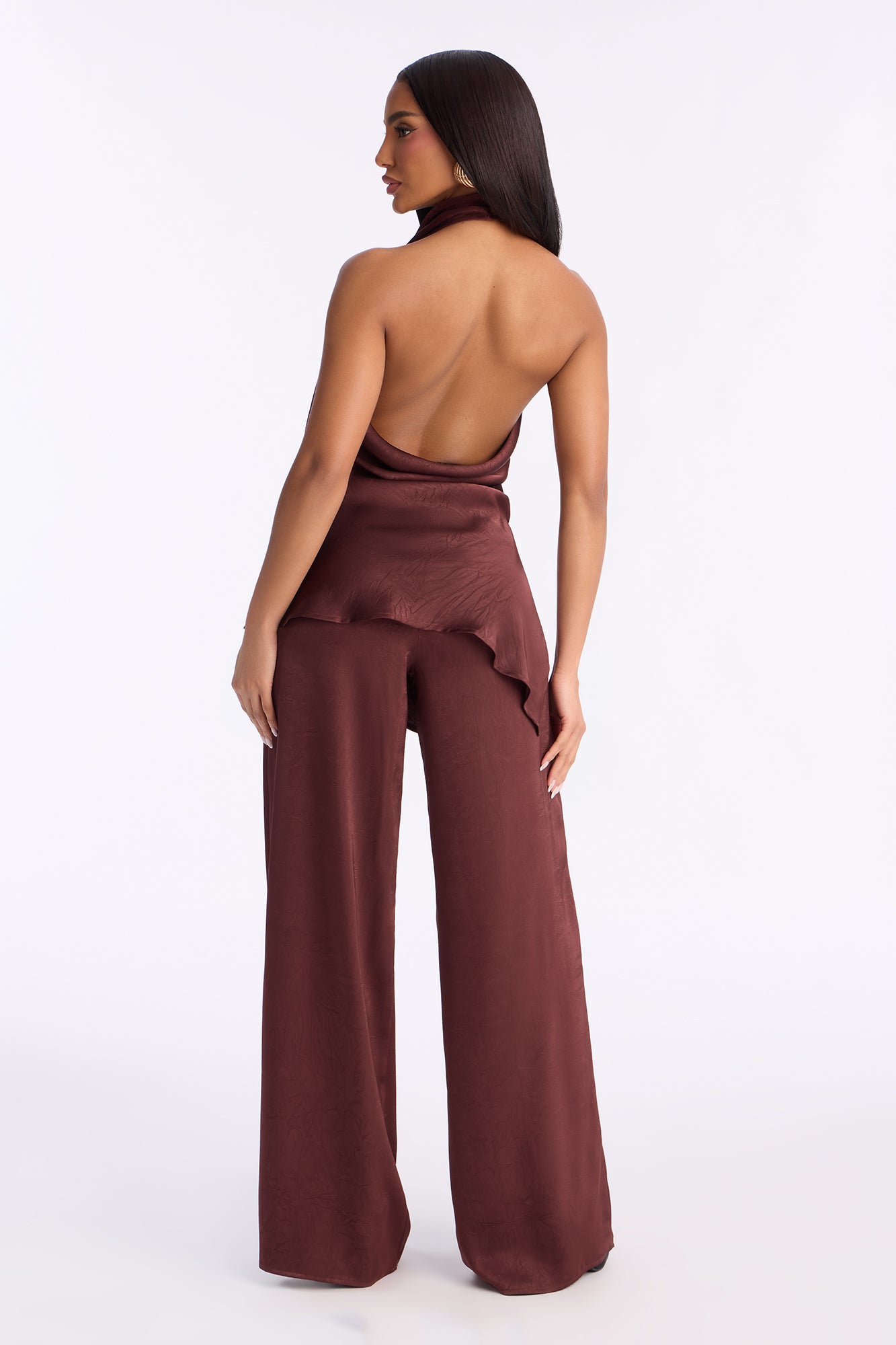 Claire Satin Cowl Neck Pant Set - Chocolate