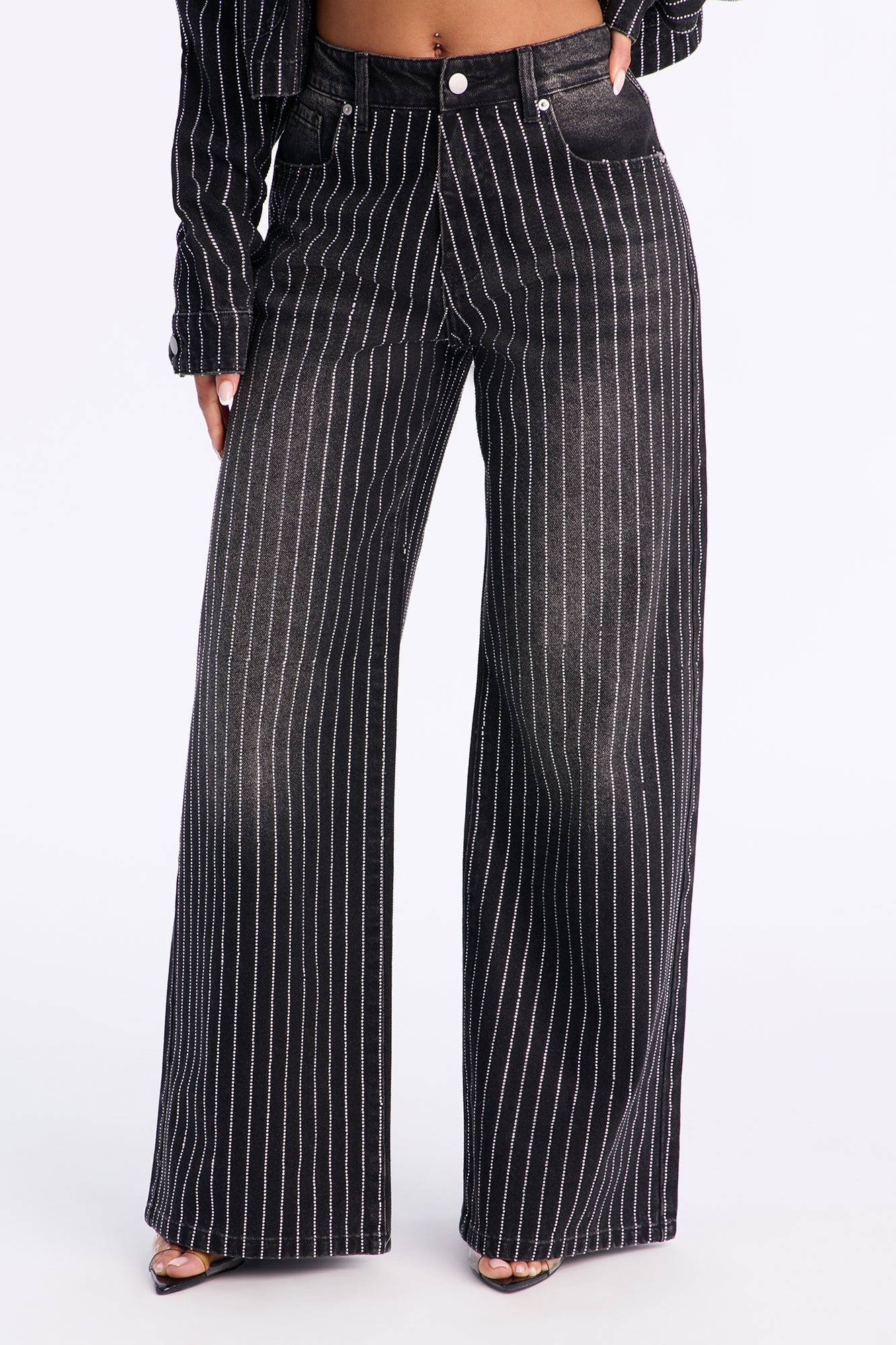Keep The Bling Embellished Wide Leg Jeans - Black Wash