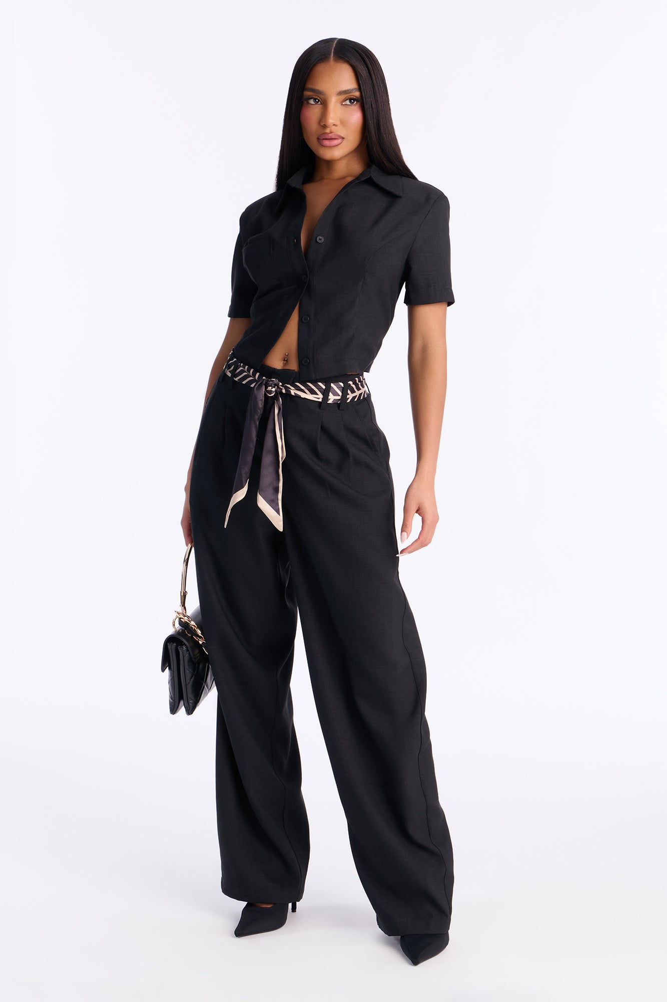 Loraine Scarf Belt Pant Set - Black