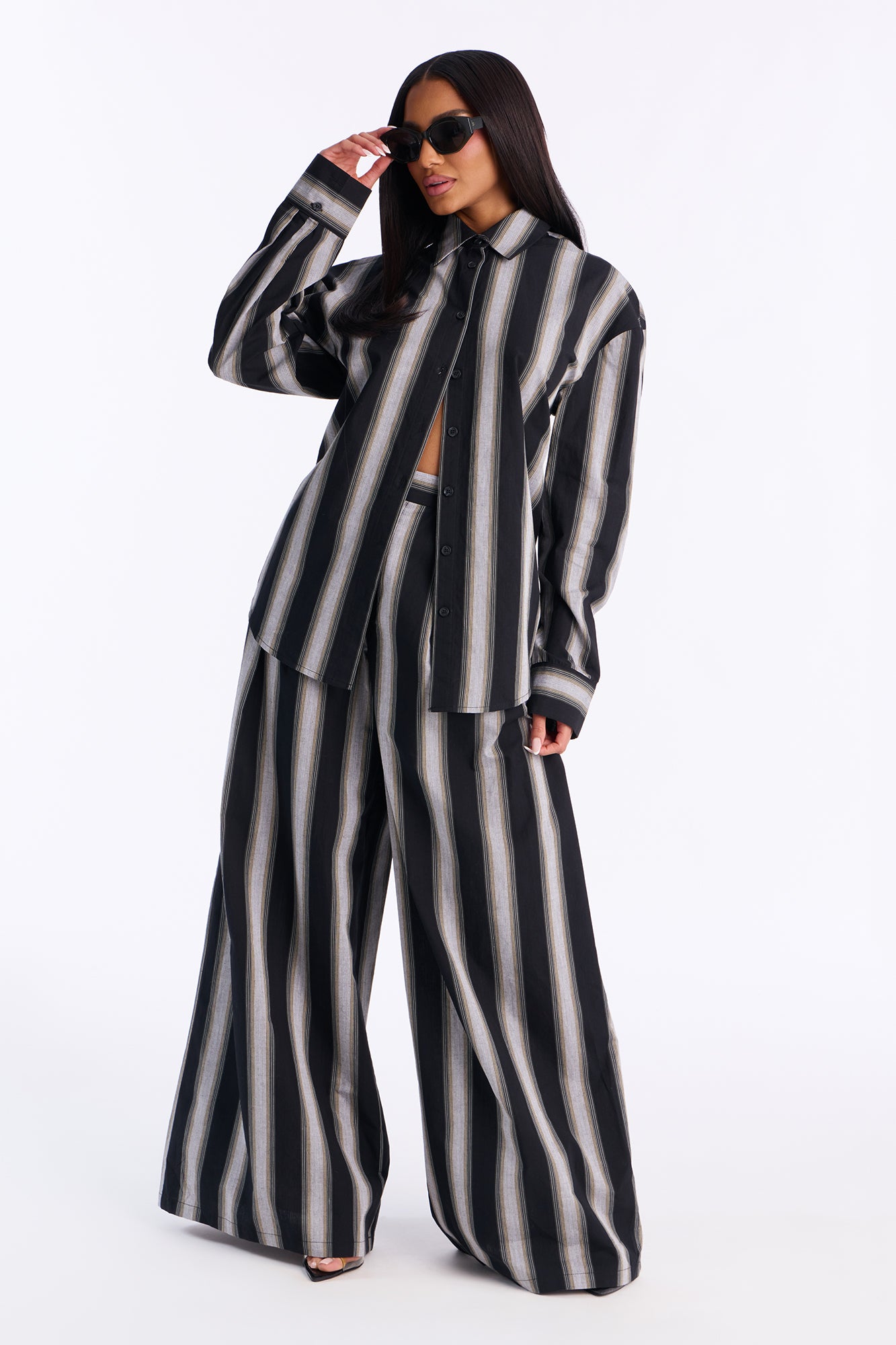 Rina Poplin Striped Pant Set - Black/combo