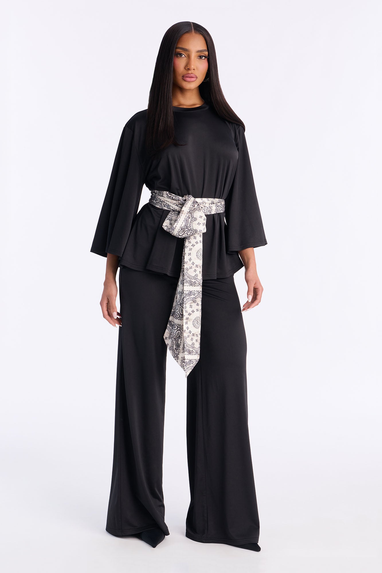 Normani 3 Piece Scarf Belt Pant Set - Black