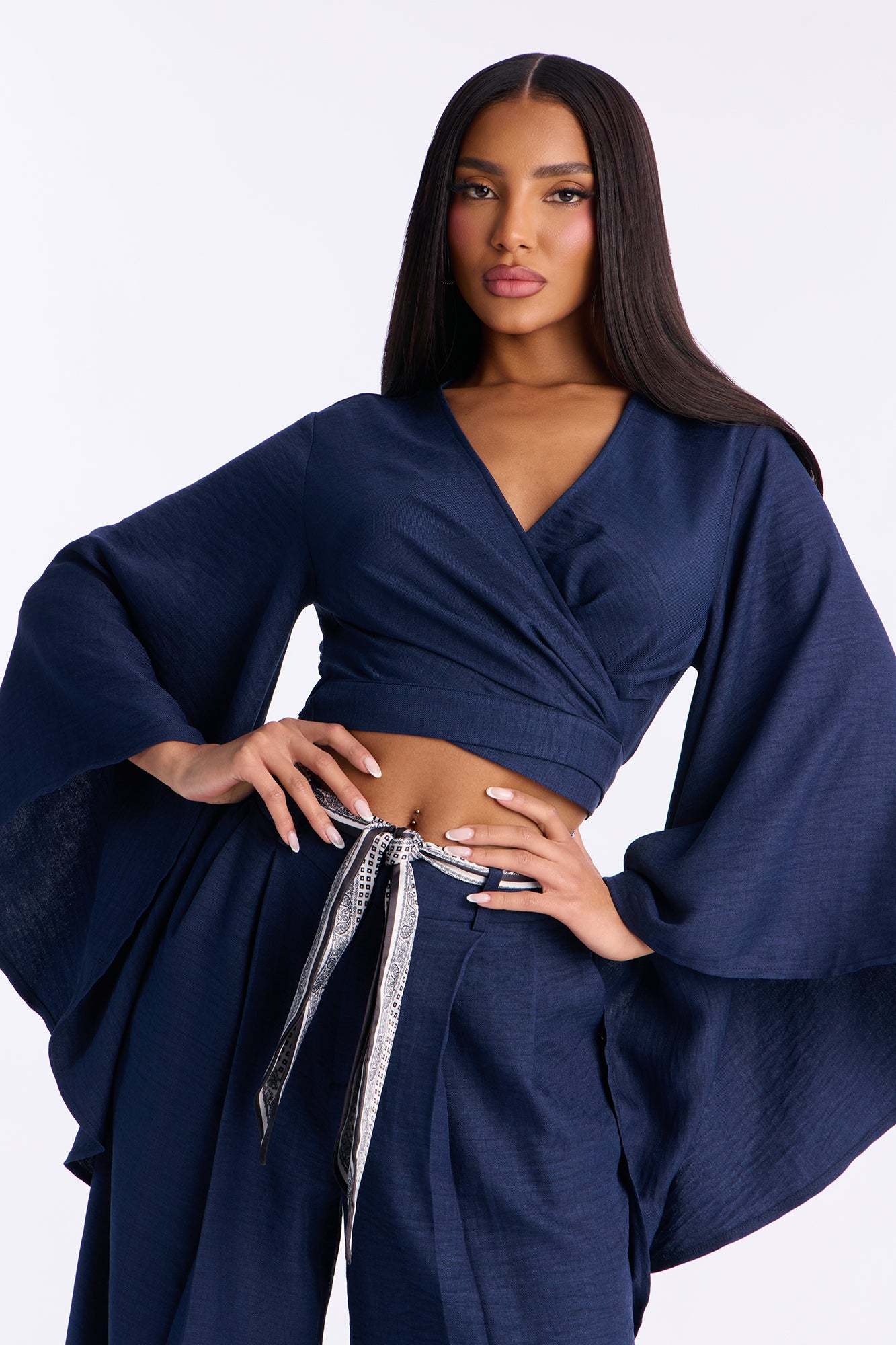 Nara Scarf Belt Pant set - Navy