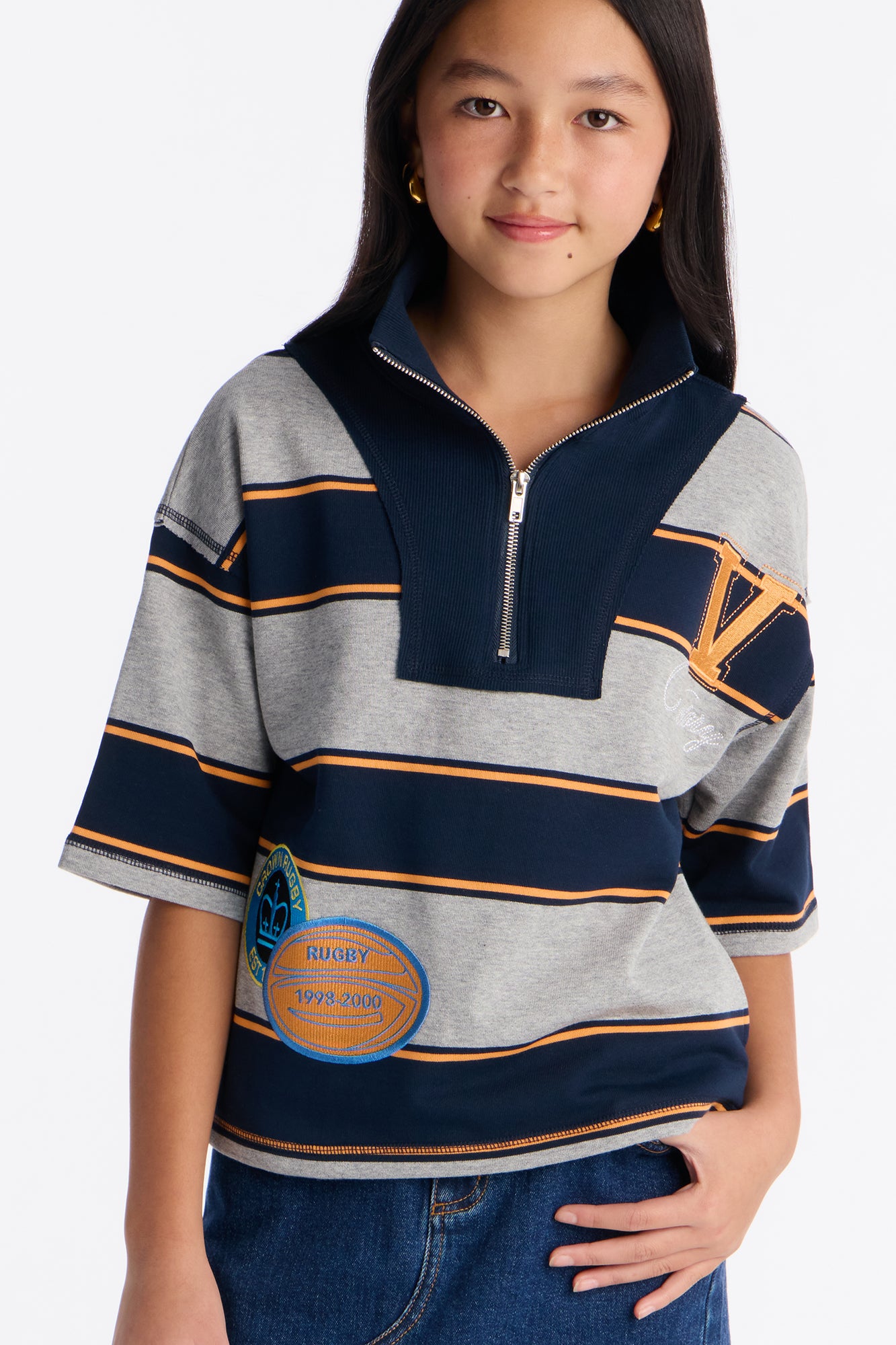 Mini Crown Rugby Striped Quarter Zip Top - Navy/combo