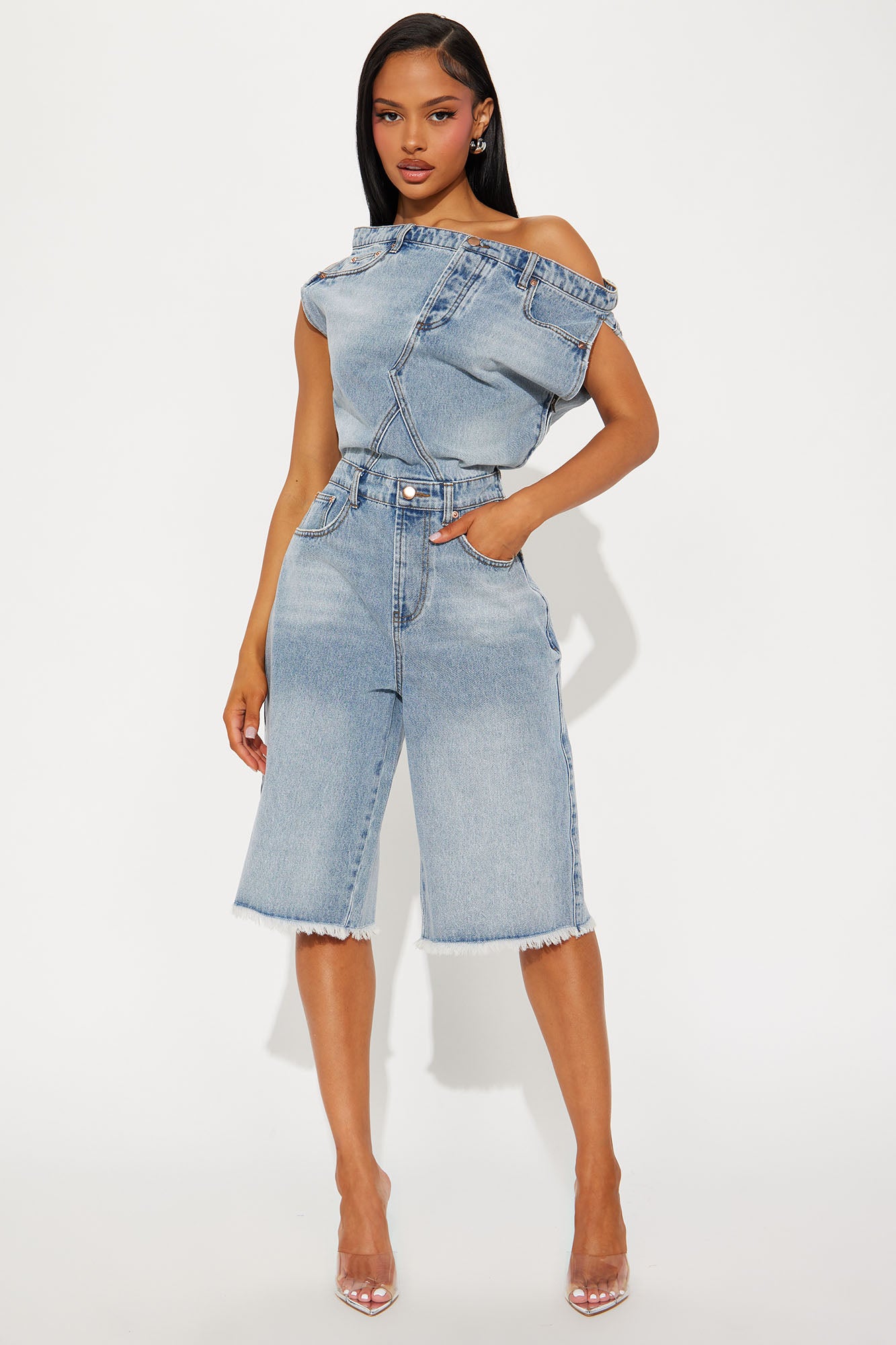 Dakota Denim Jort Romper - Light Wash