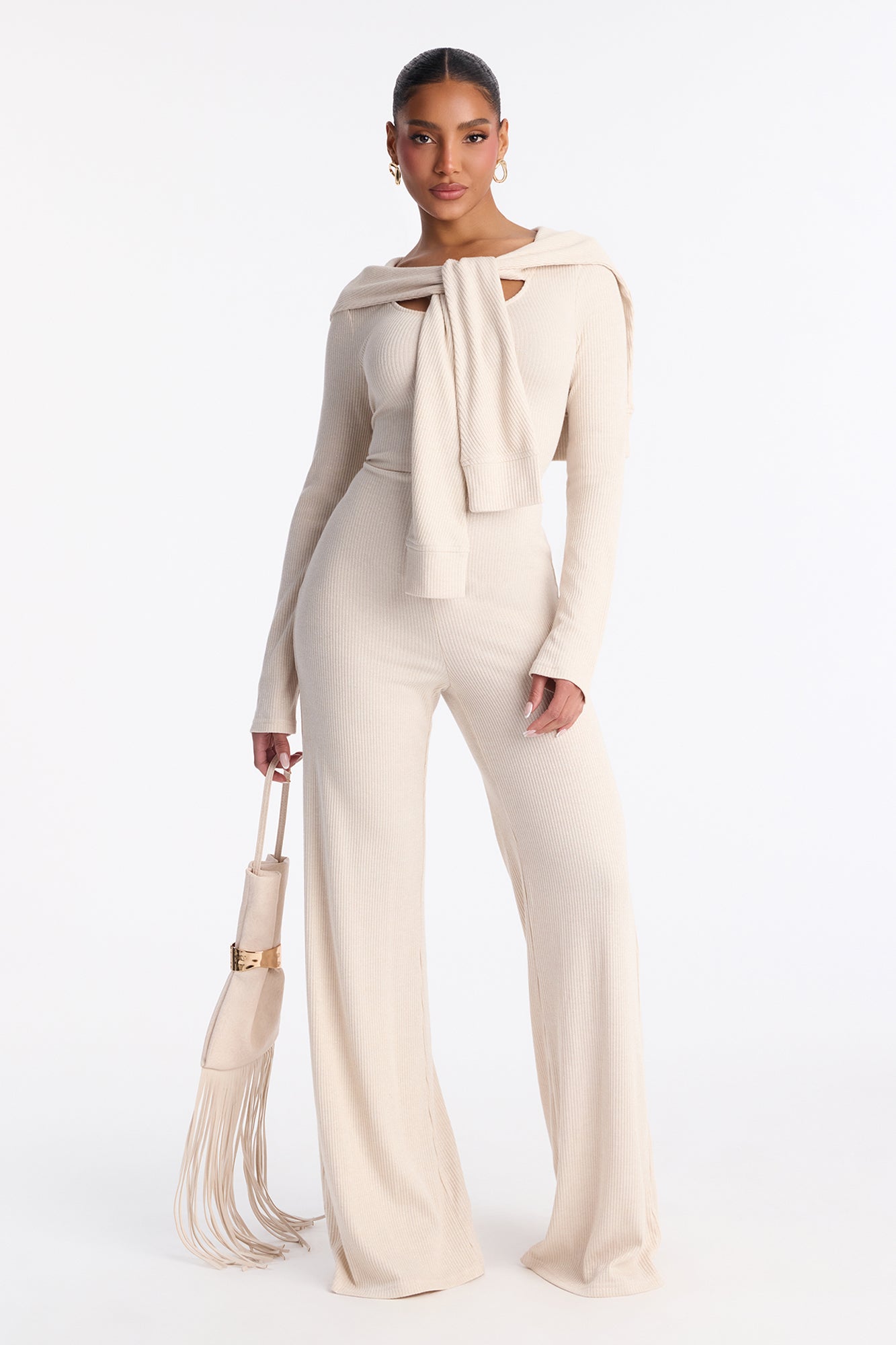 Taylor Layered Flare Leg Knit Jumpsuit - Beige