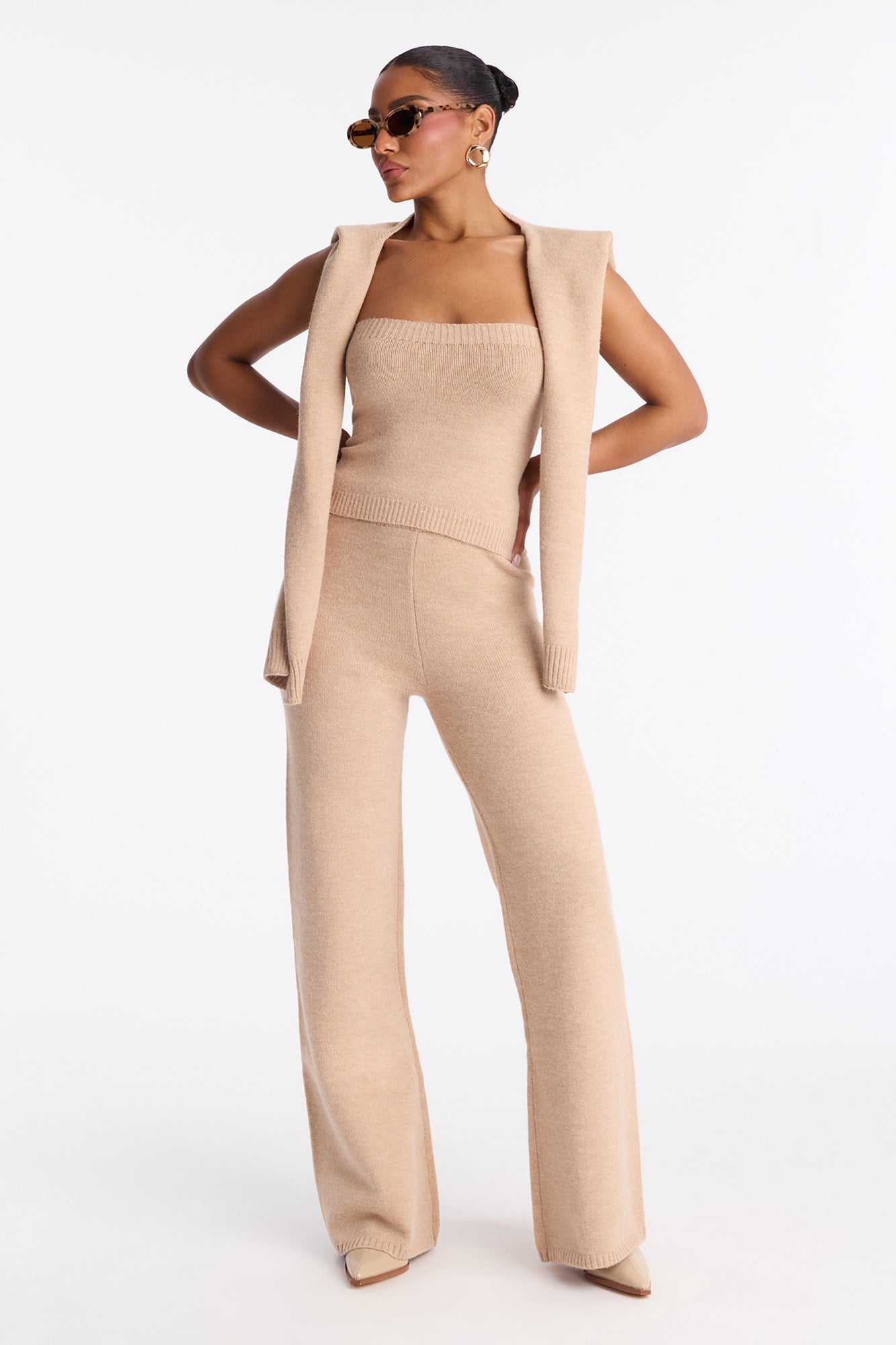 Shilo Sweater Shawl 3 Piece Pant Set - Taupe