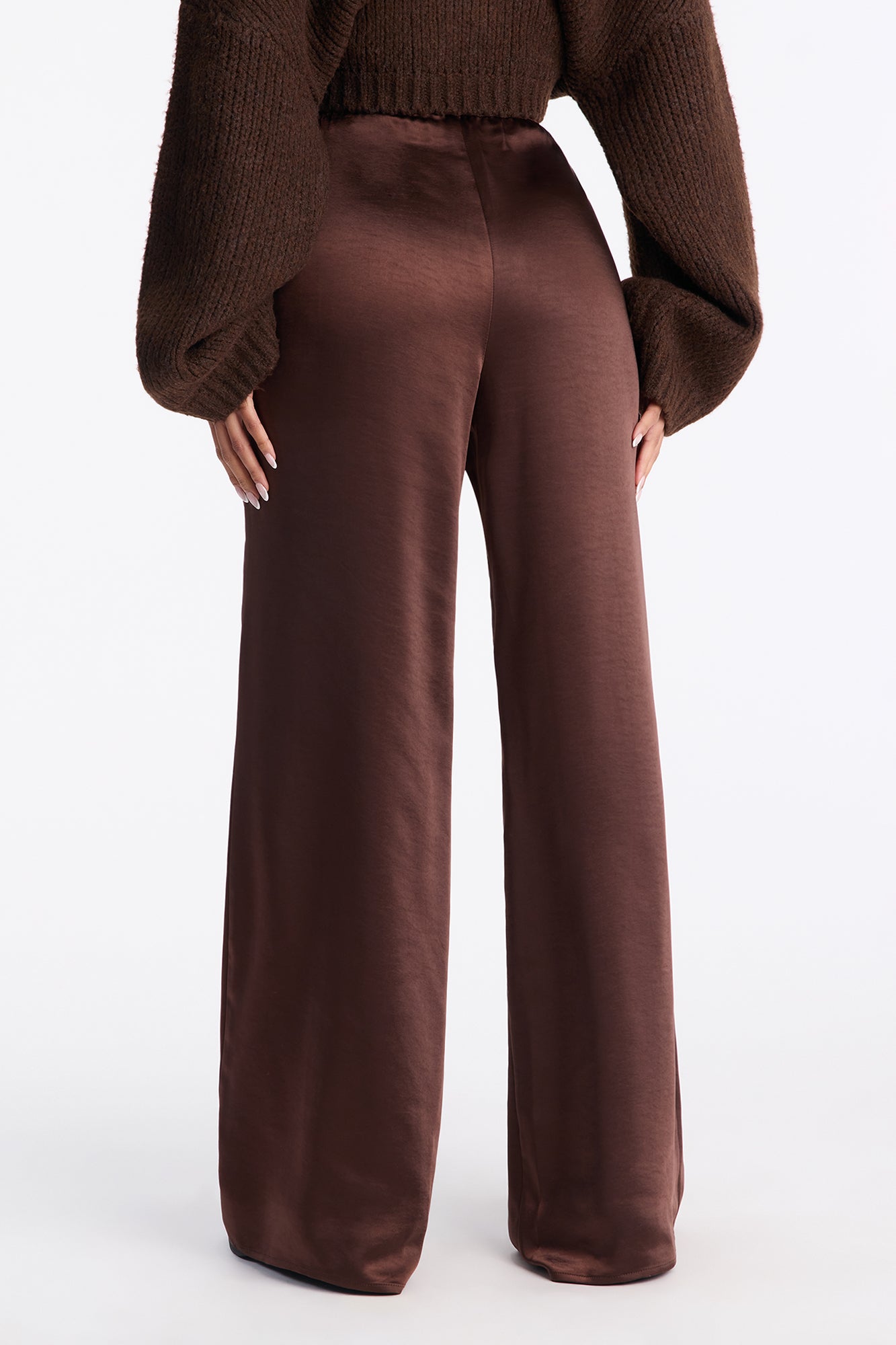 Luxurious Living Pull On Satin Wide Leg Pant 33″ - Chocolate
