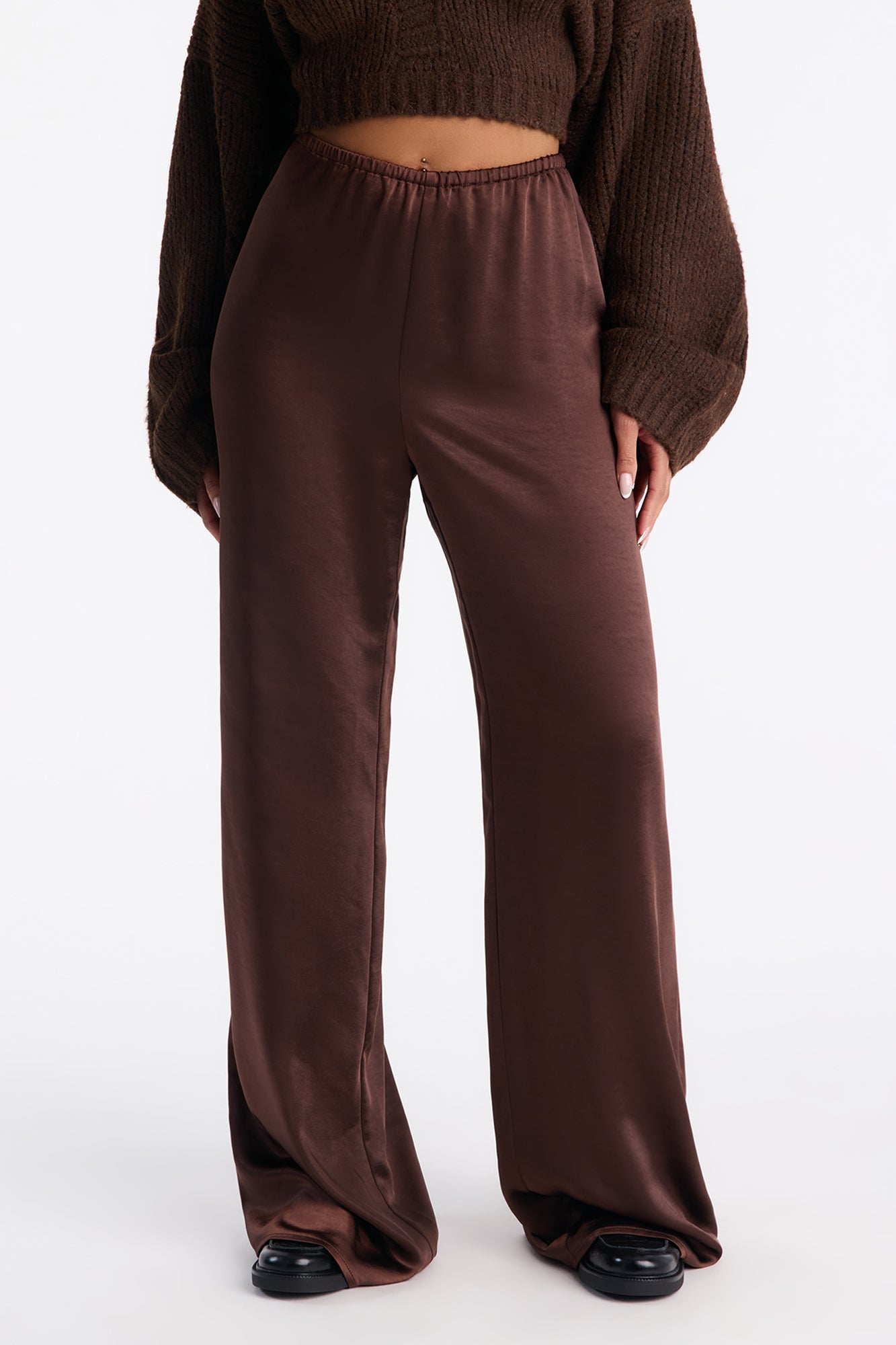 Luxurious Living Pull On Satin Wide Leg Pant 33″ - Chocolate