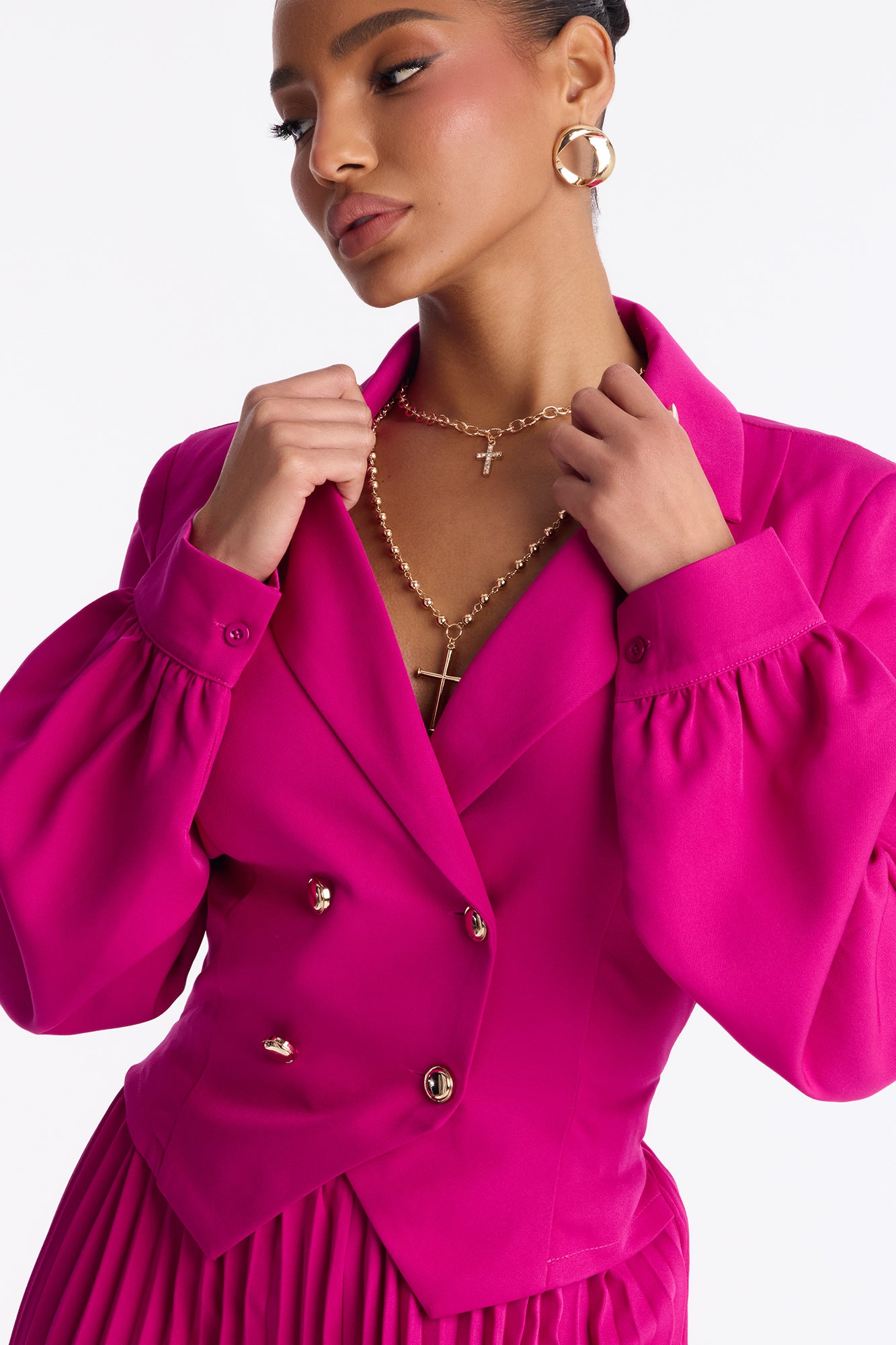 Office Ready Pleated Wide Leg Jumpsuit - Fuchsia