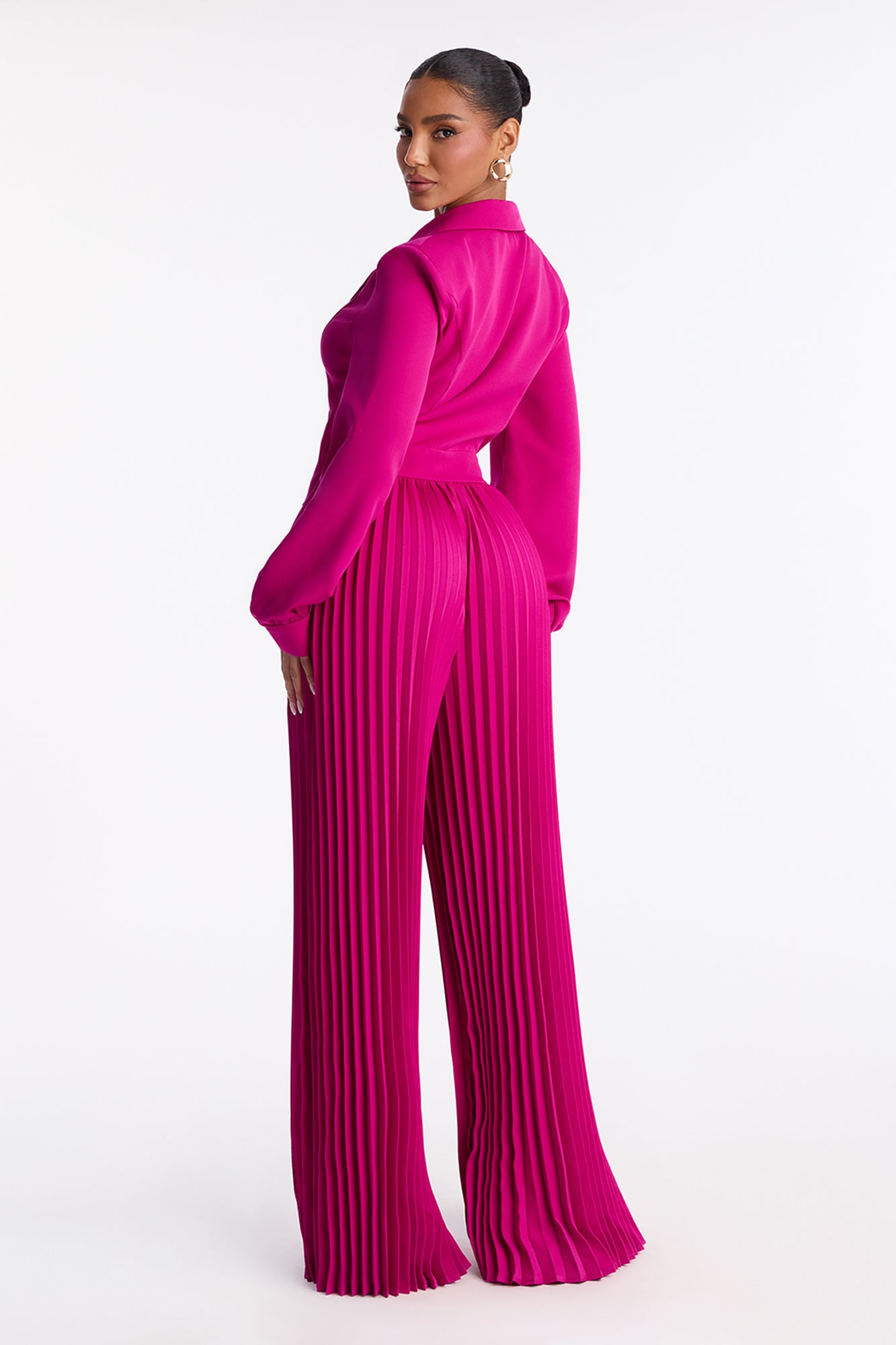 Office Ready Pleated Wide Leg Jumpsuit - Fuchsia