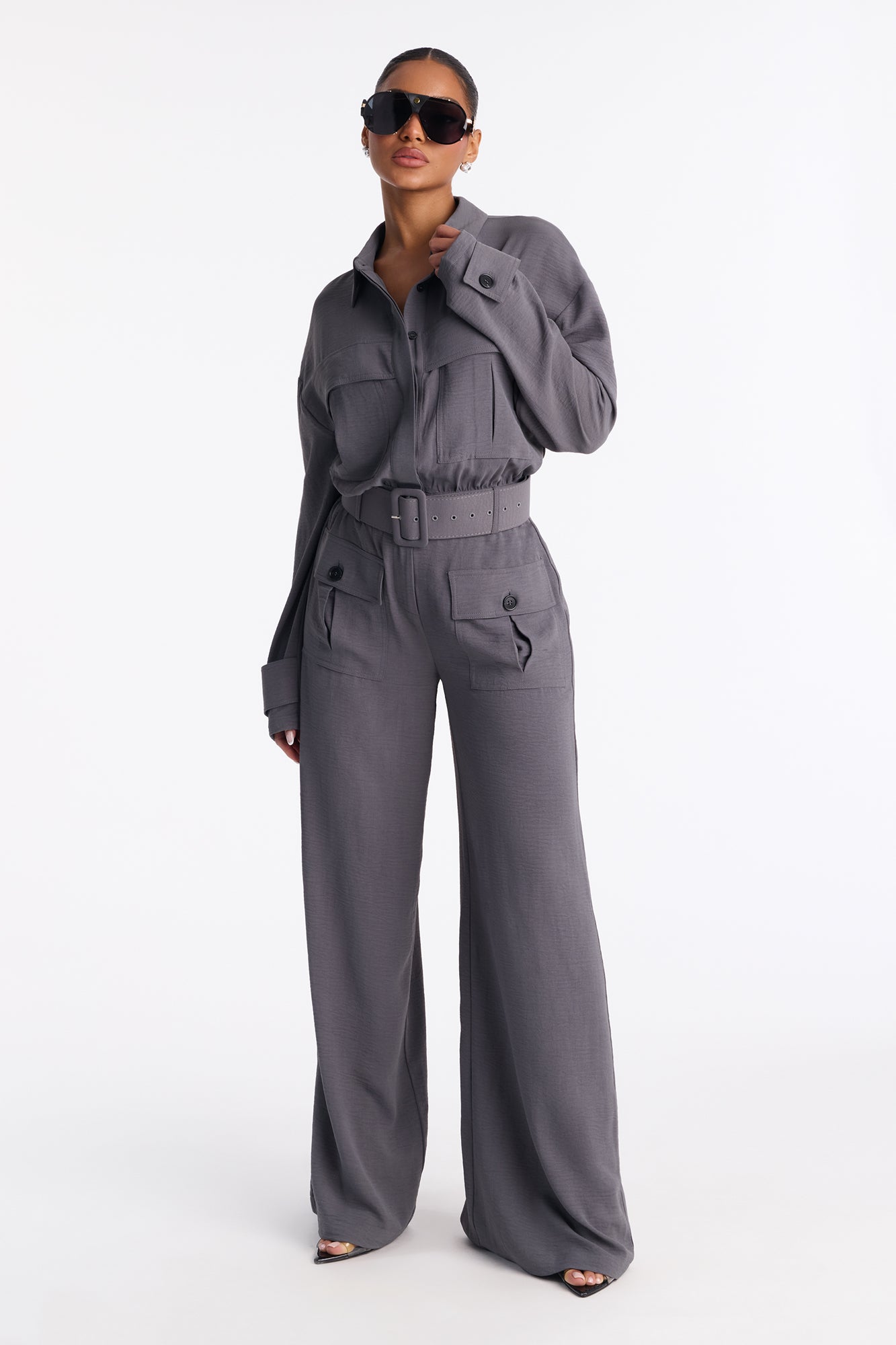 Mia Utility Belted Wide Leg Jumpsuit - Charcoal