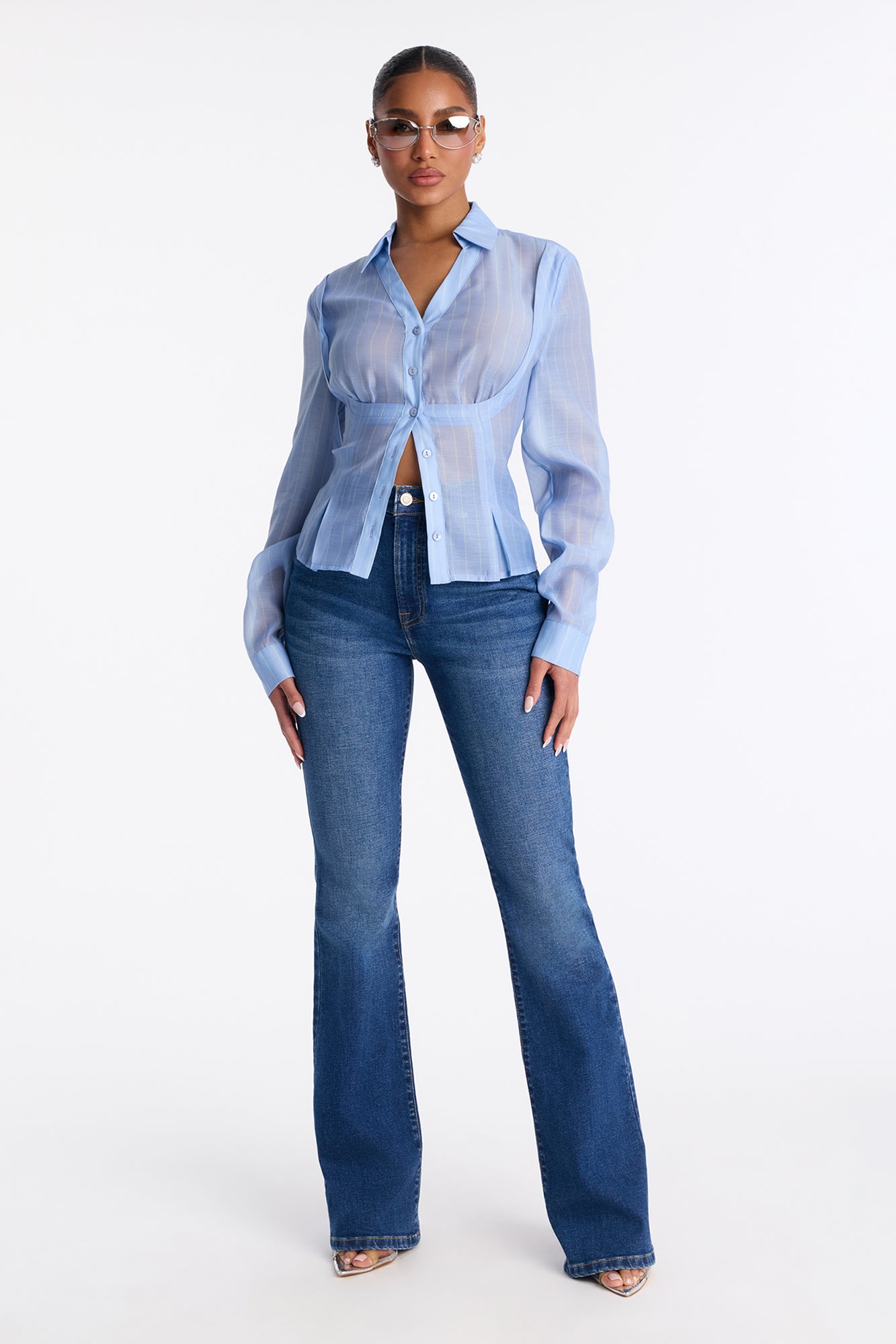 Classic Lace Up Pinstripe Organza Shirt - Blue/combo