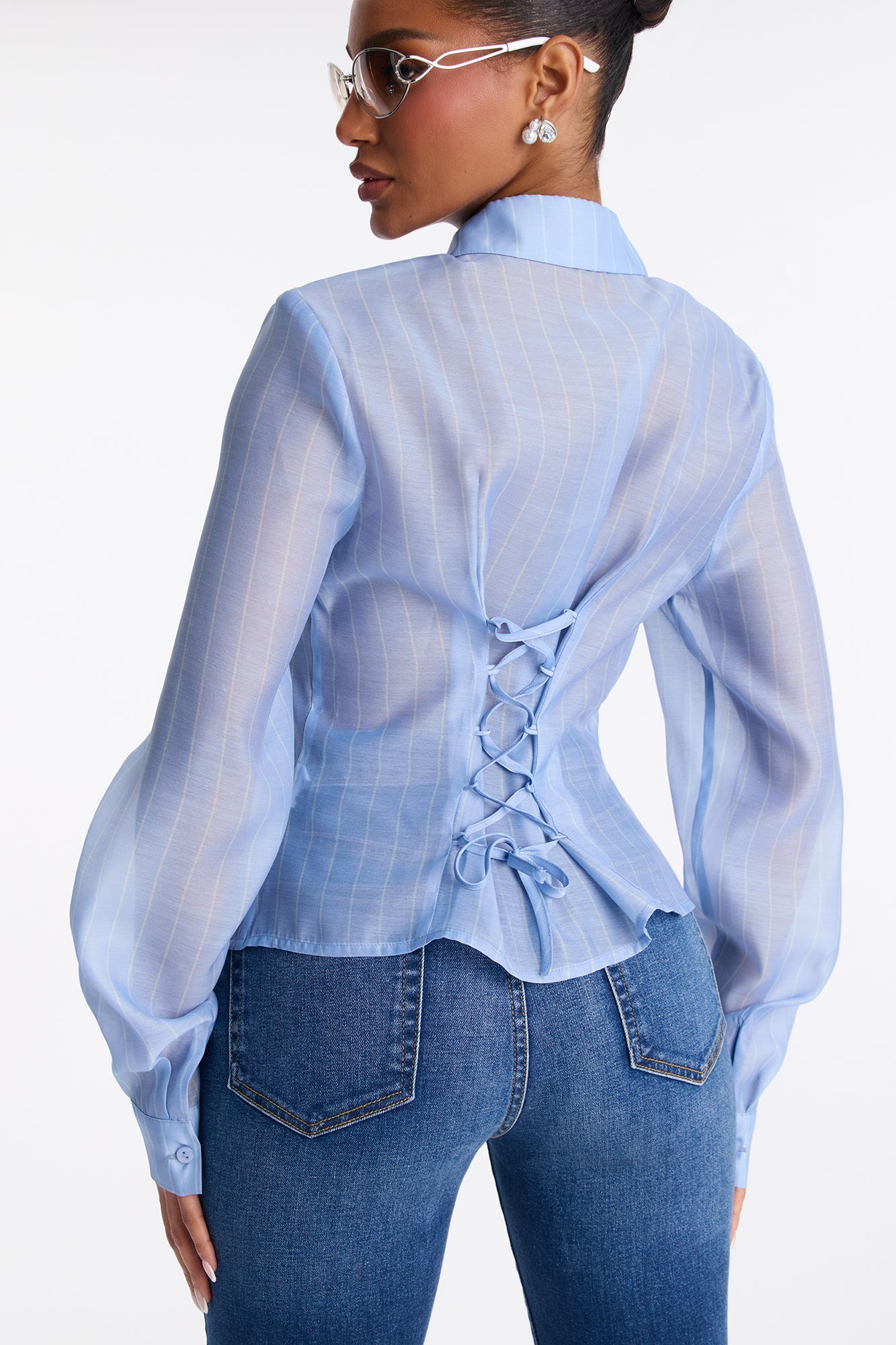 Classic Lace Up Pinstripe Organza Shirt - Blue/combo