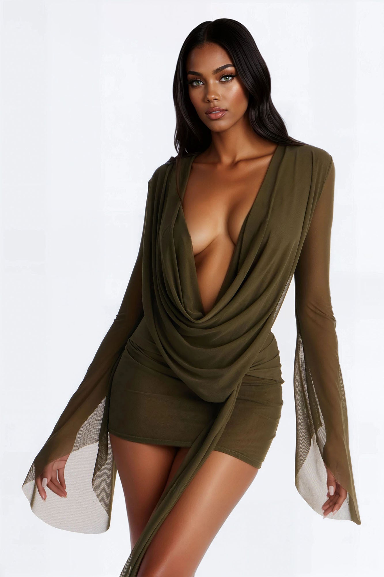 Skyler Deep Cowl Mesh Micro Mini Dress - Olive