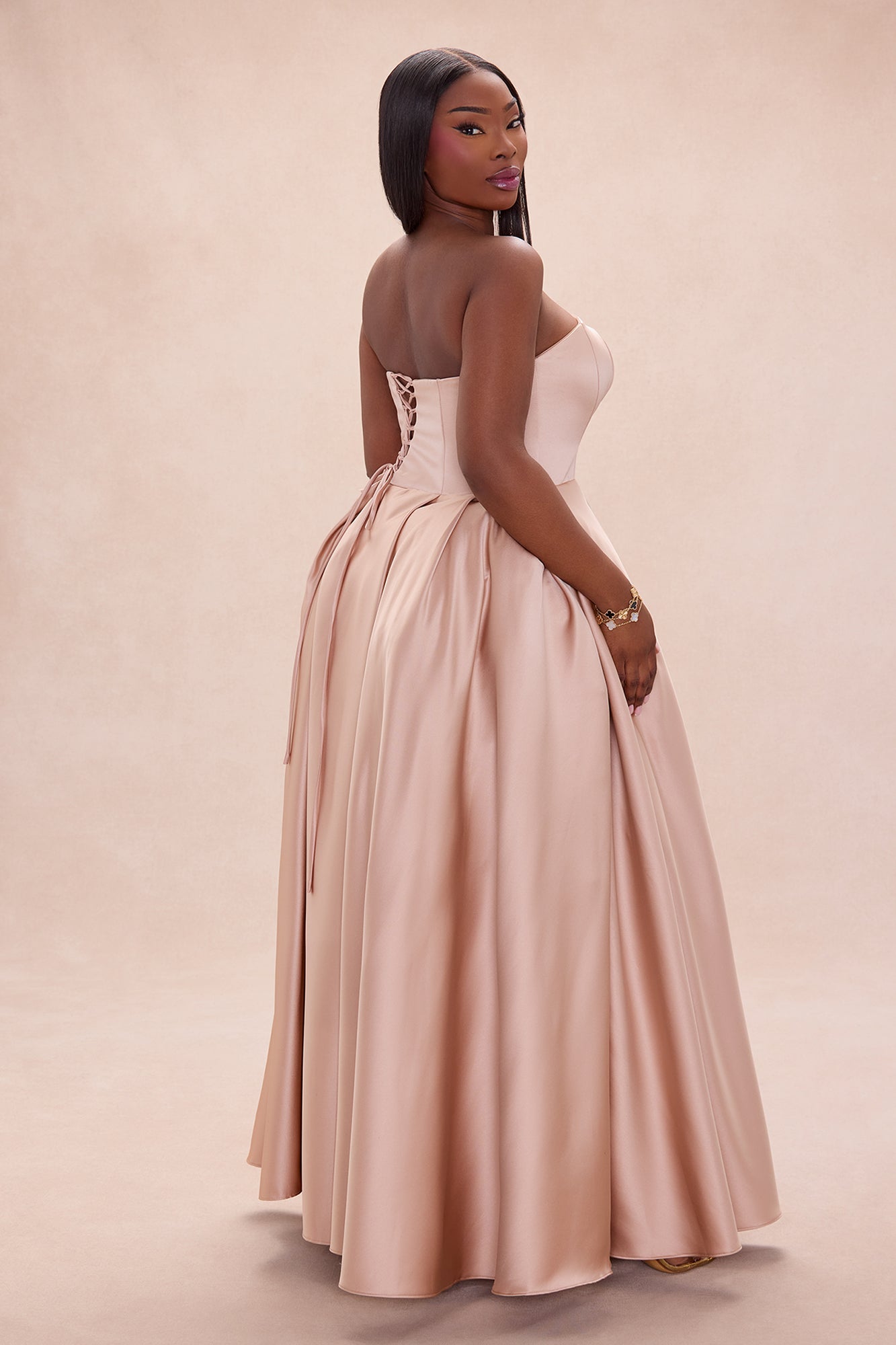 Invite Only Strapless Satin Gown - Mocha