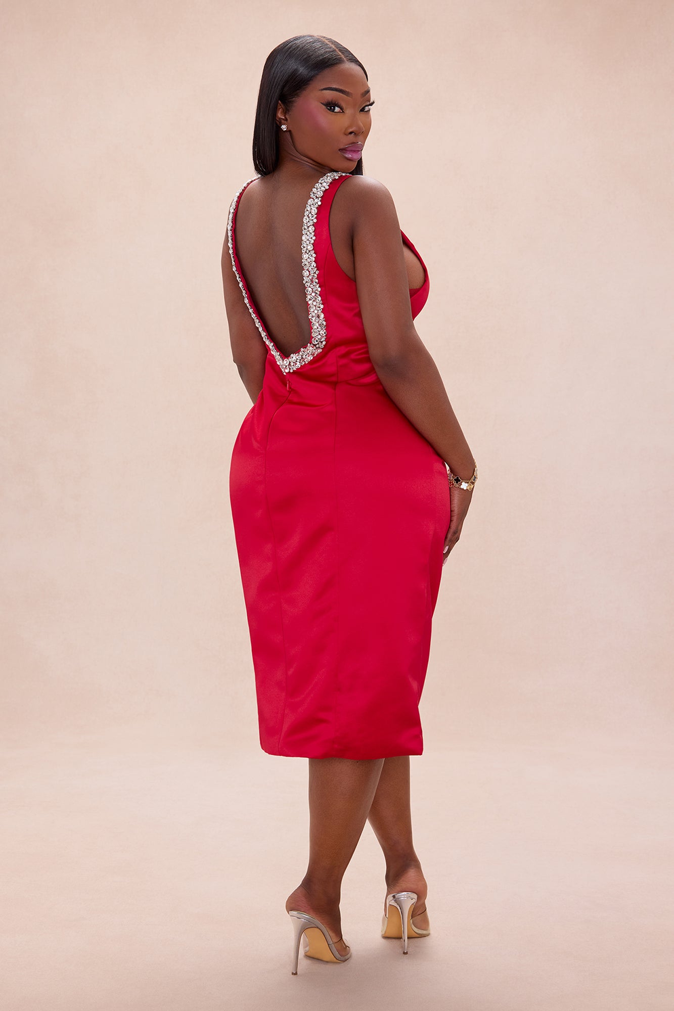 Mariah Rhinestone Satin Midi Dress - Red