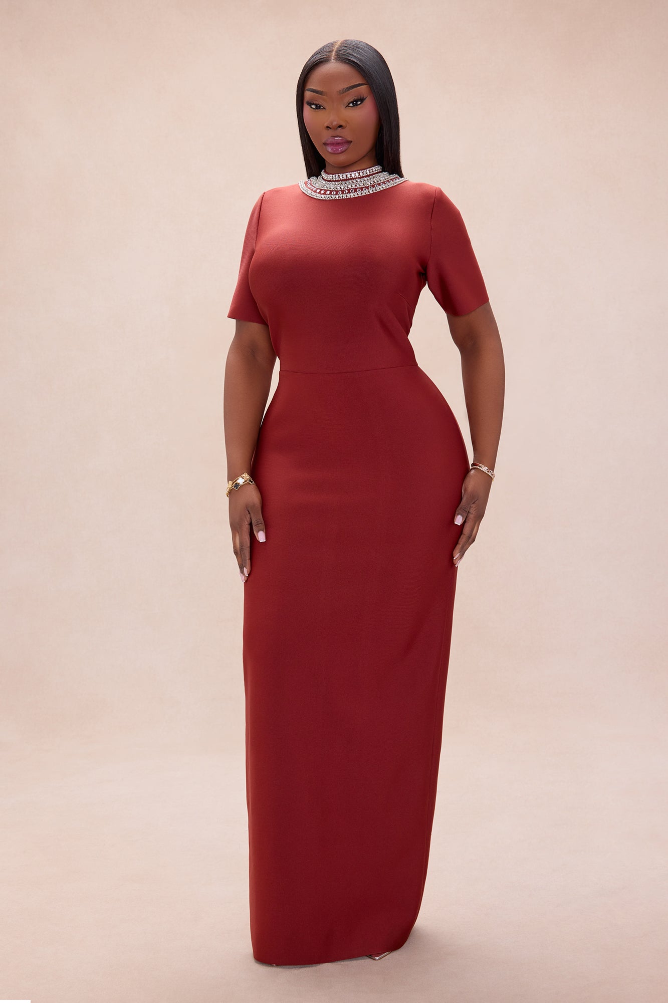Tatum Backless Rhinestone Bandage Maxi Dress - Copper