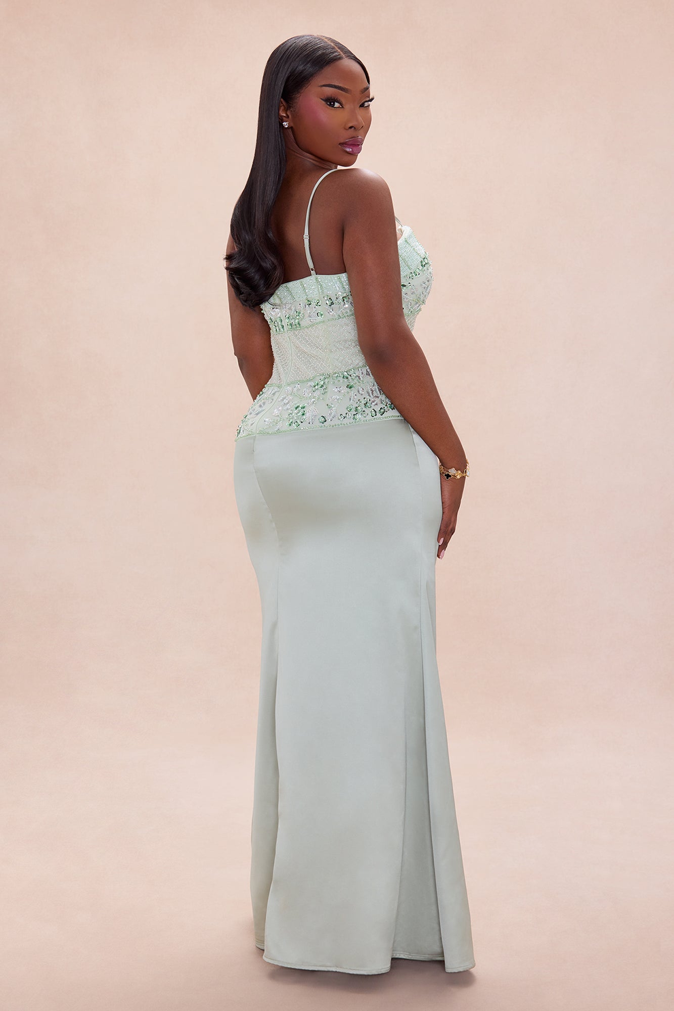 Melodie Embellished Satin Maxi Dress - Sage