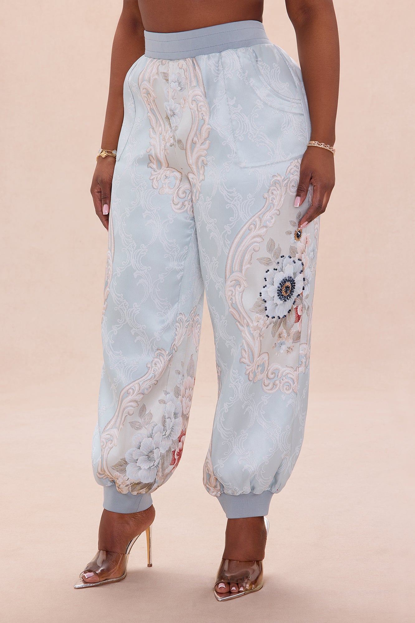 Riannon Embellished Jacquard Pant - Grey