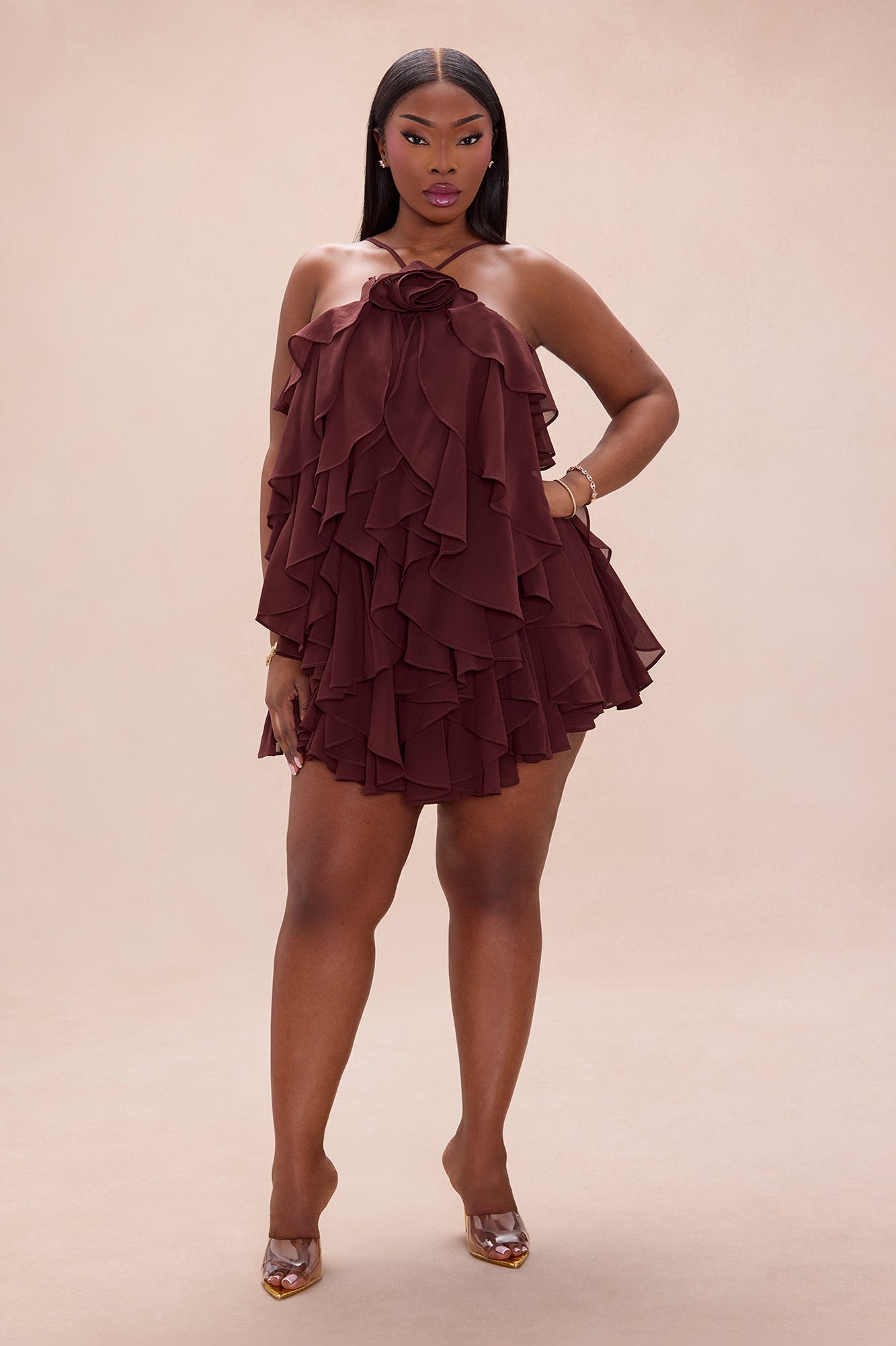 Free As Can Be Ruffle Mini Dress - Chocolate