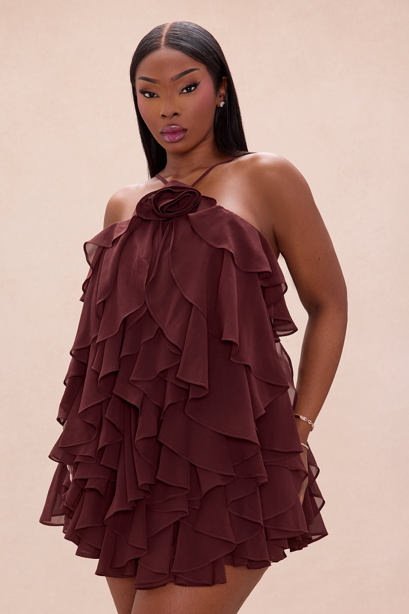 Free As Can Be Ruffle Mini Dress - Chocolate