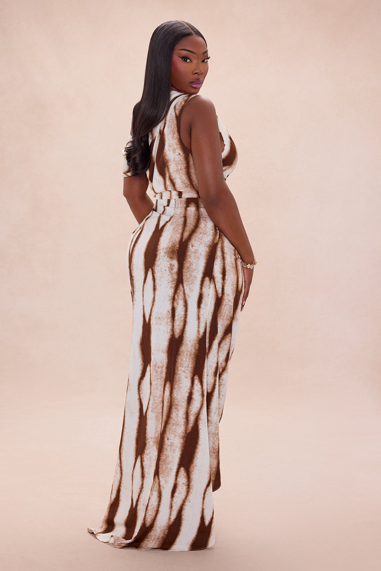 Eviana One Shoulder Chiffon Maxi Dress - Brown Combo