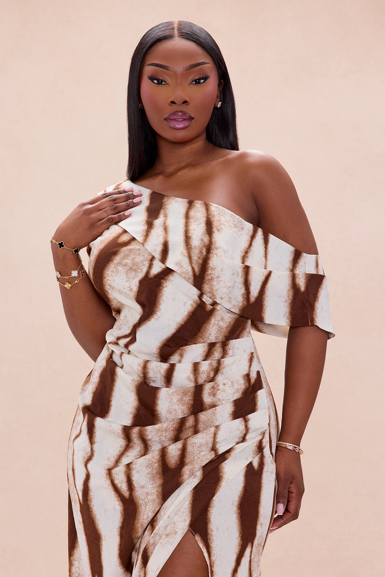 Eviana One Shoulder Chiffon Maxi Dress - Brown Combo