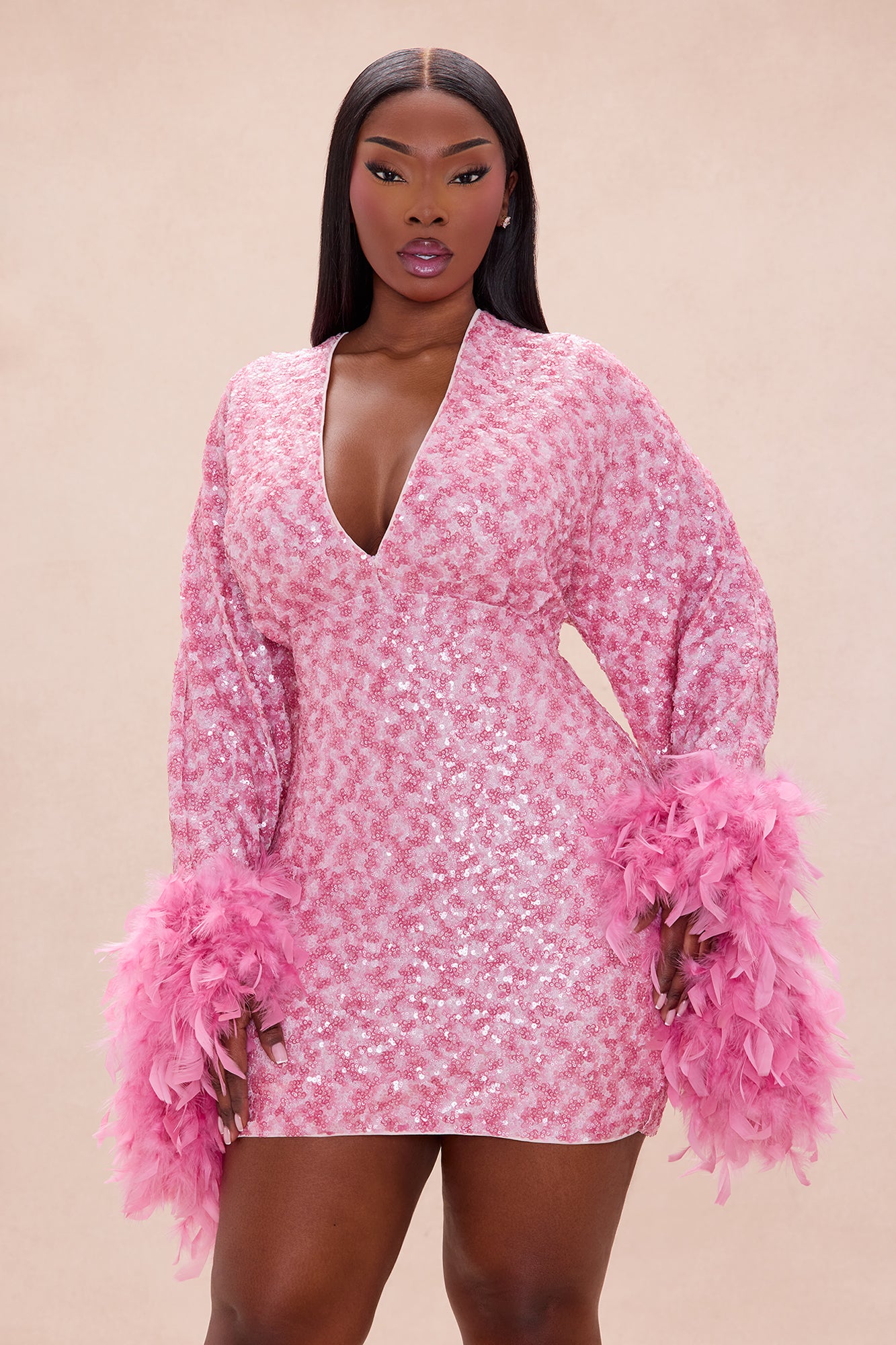 Opal Dreams Feathered Sequin Mini Dress - Pink